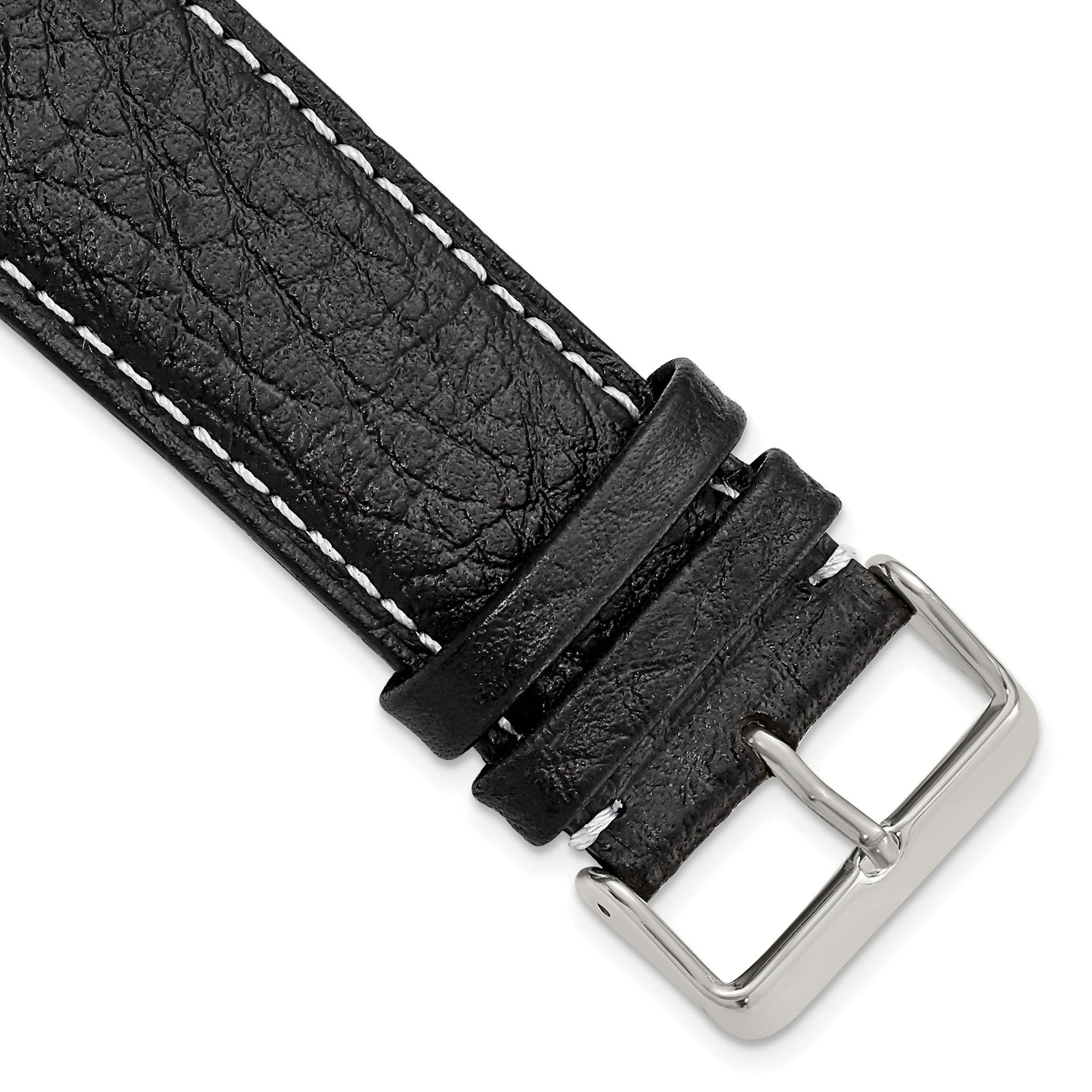 Black Sport Watch Band in Leather with White Stitching, 16mm