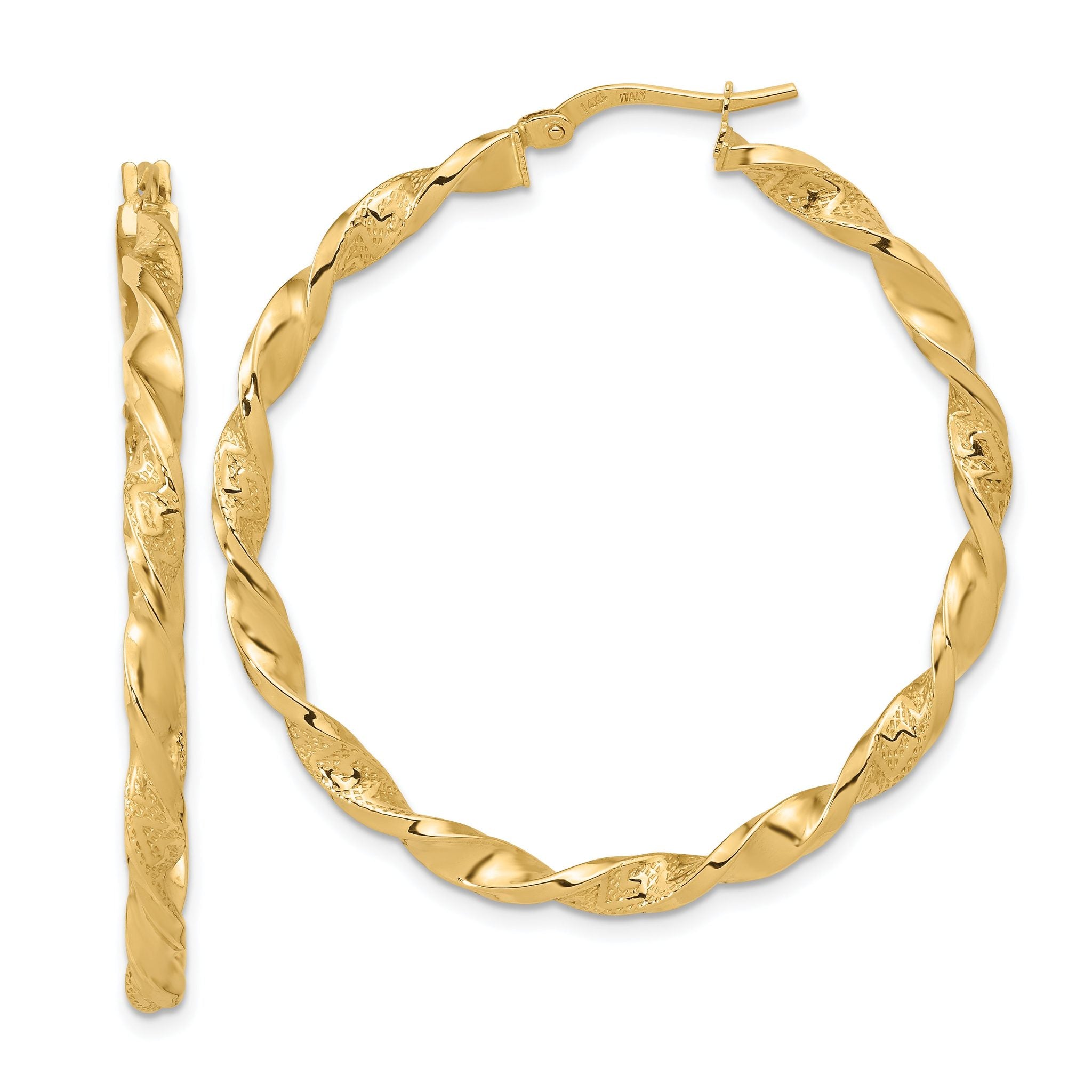 14K Polished and Textured Twisted Hoop Earrings Main image