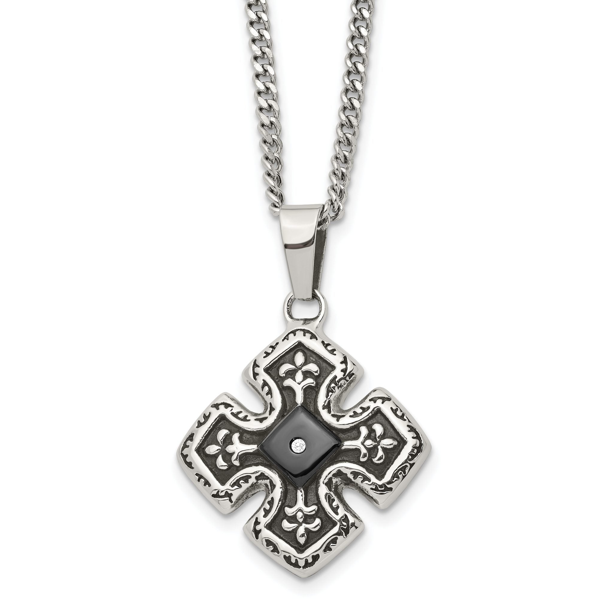 Chisel Stainless Steel Polished Black IP-plated with CZ Celtic Cross Pendant on a 20 inch Curb Chain Necklace Main image