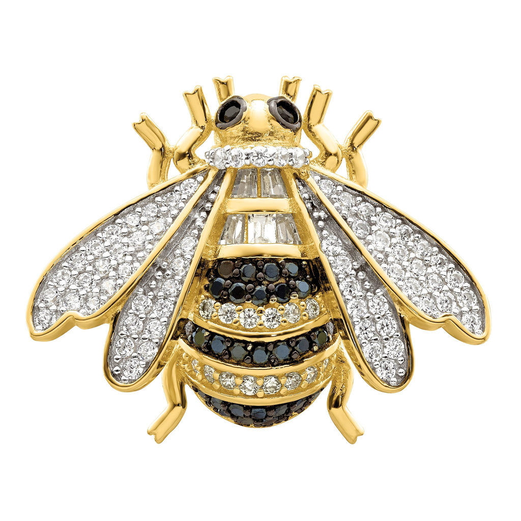 Sterling Silver Blk/White RH-plated Gold Tone CZ Bumblebee Ring