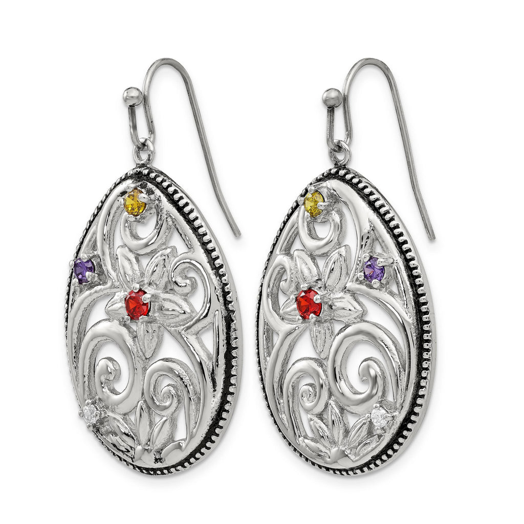Stainless Steel Polished & Antiqued Cubic Zirconia Drop Dangle Earrings for Women