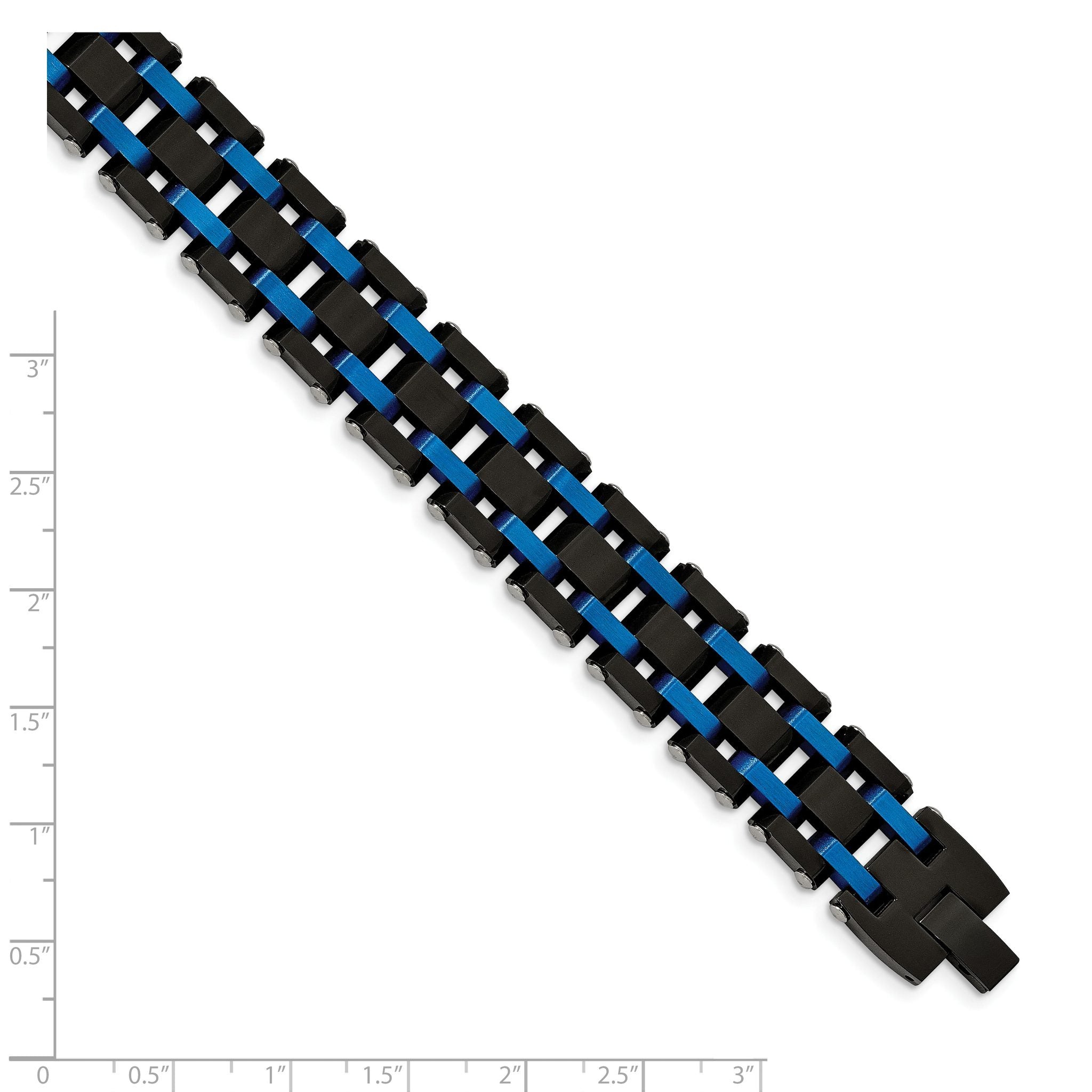 Stainless Steel Brushed and Polished Black and Blue IP-plated Link Bracelet for Men