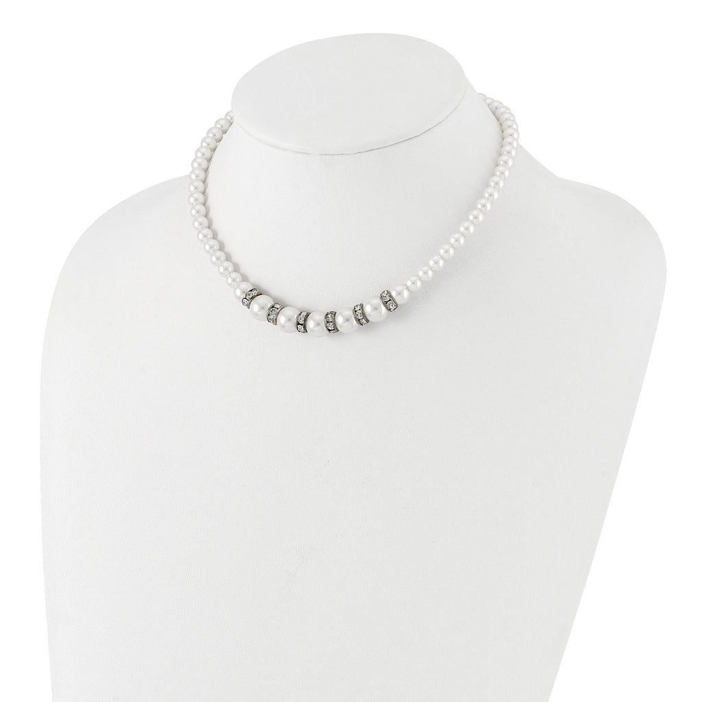 1928 Silver-tone Clear Crystal and Simulated Pearl 15in With  3in ext Necklace