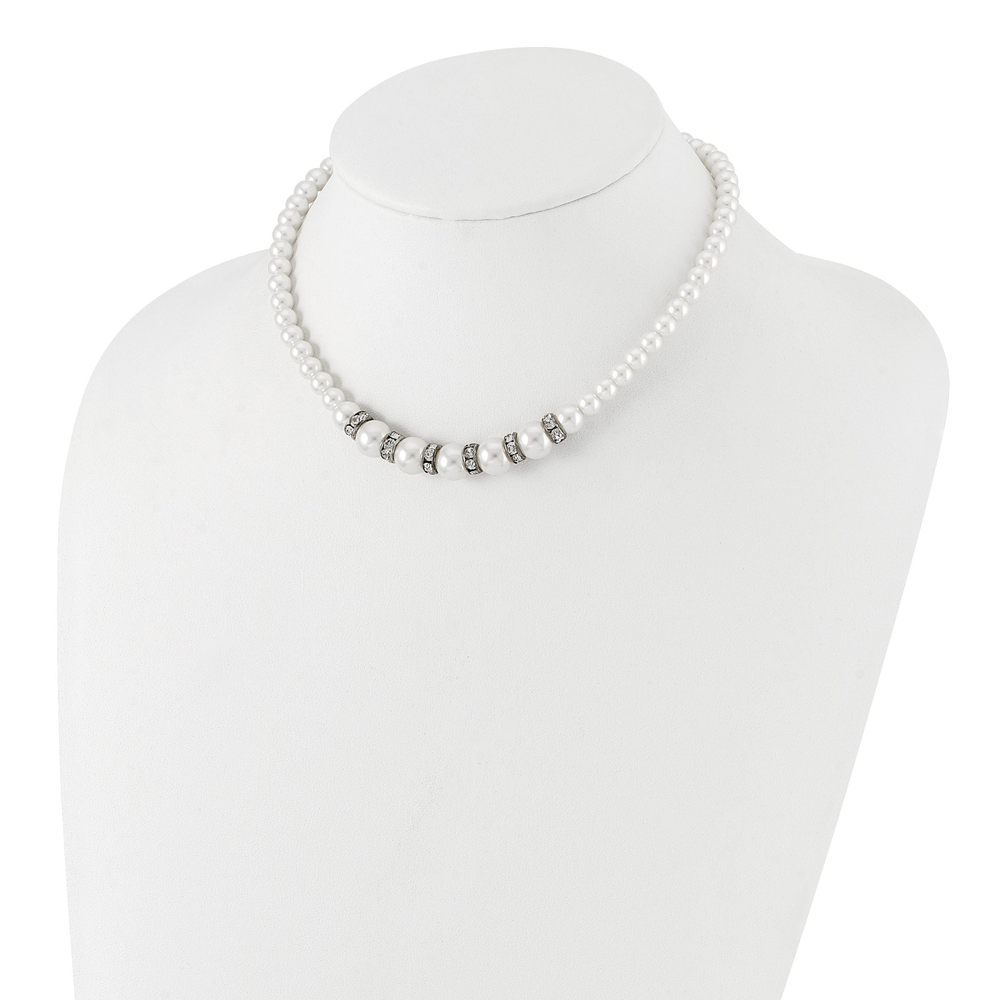1928 Silver-tone Clear Crystal and Simulated Pearl 15in With  3in ext Necklace