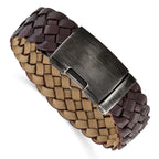 Stainless Steel Antiqued and Brushed Brown Braided Leather Bracelet for Men