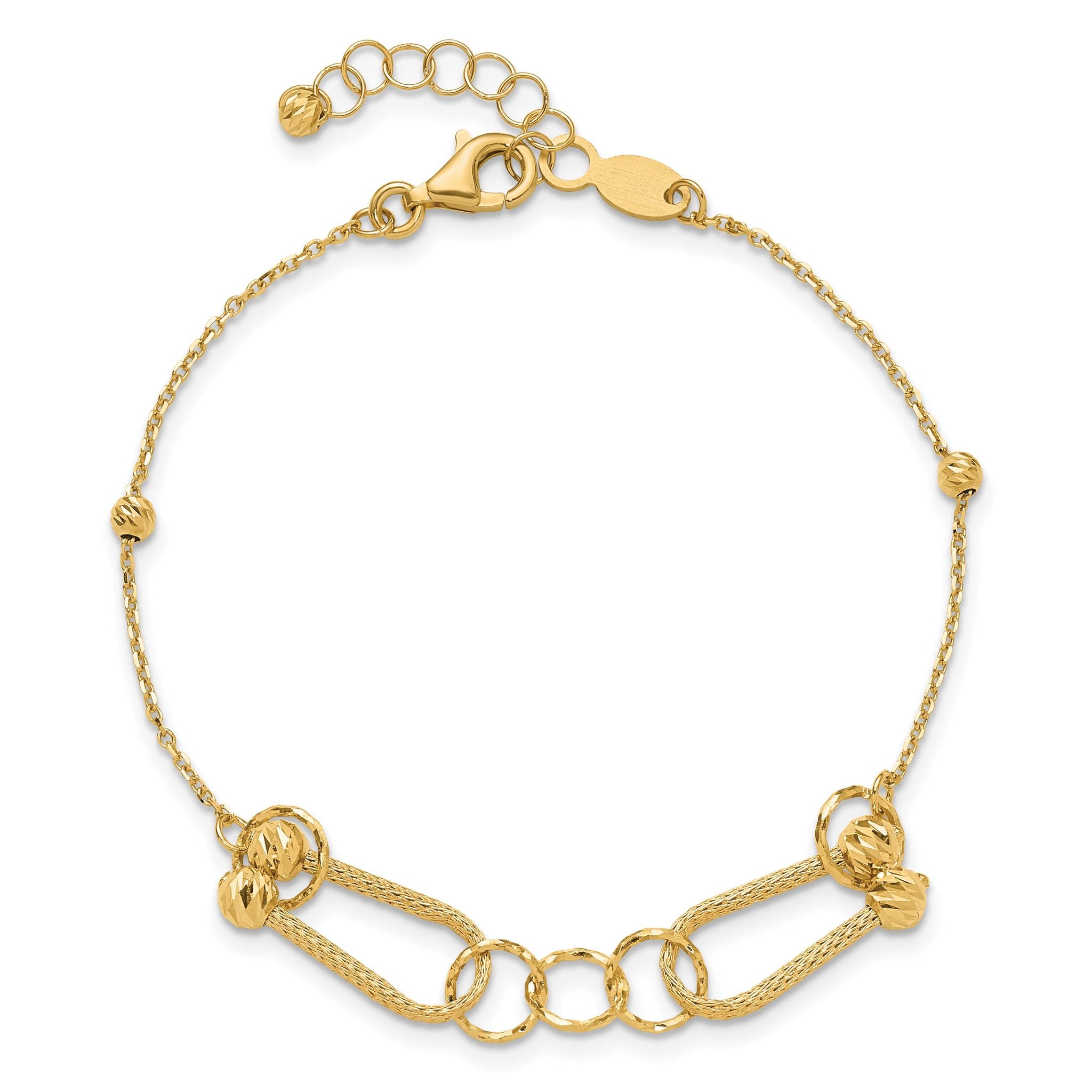 14K Polished and Diamond-cut Fancy Link with 1in ext. Bracelet