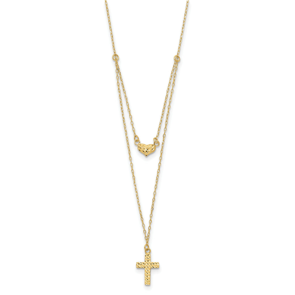 14K Gold Polished Cross & Heart Necklace with Extender Elegant Women's Jewelry