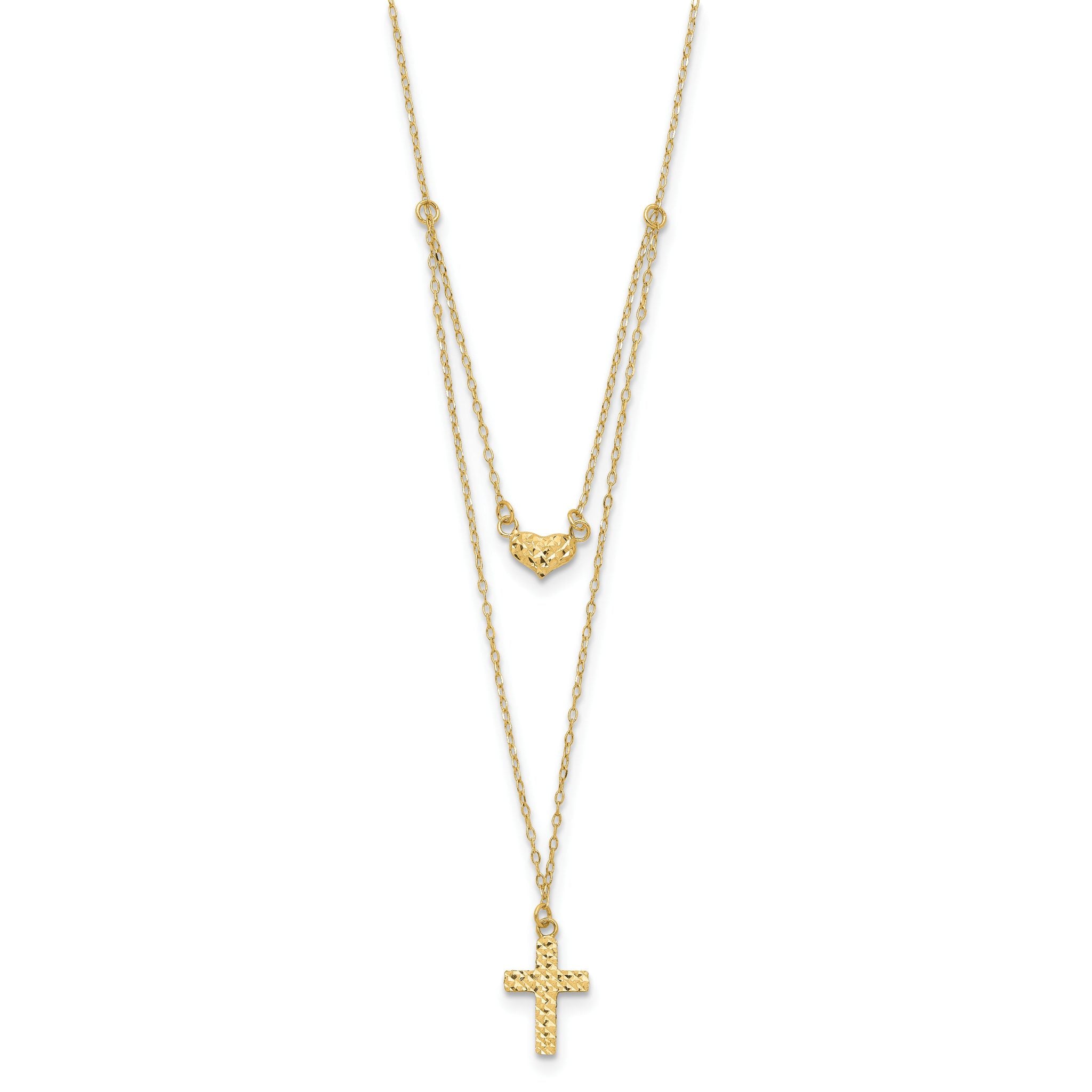 14K Gold Polished Cross & Heart Necklace with Extender Elegant Women's Jewelry