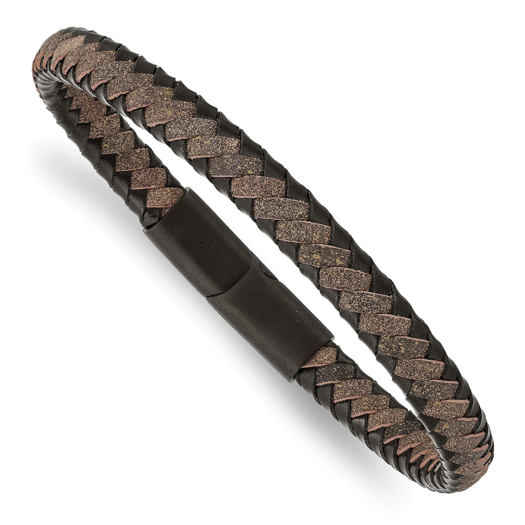 Stainless Steel Brushed Black IP-plated Black and Brown Braided Leather Bracelet
