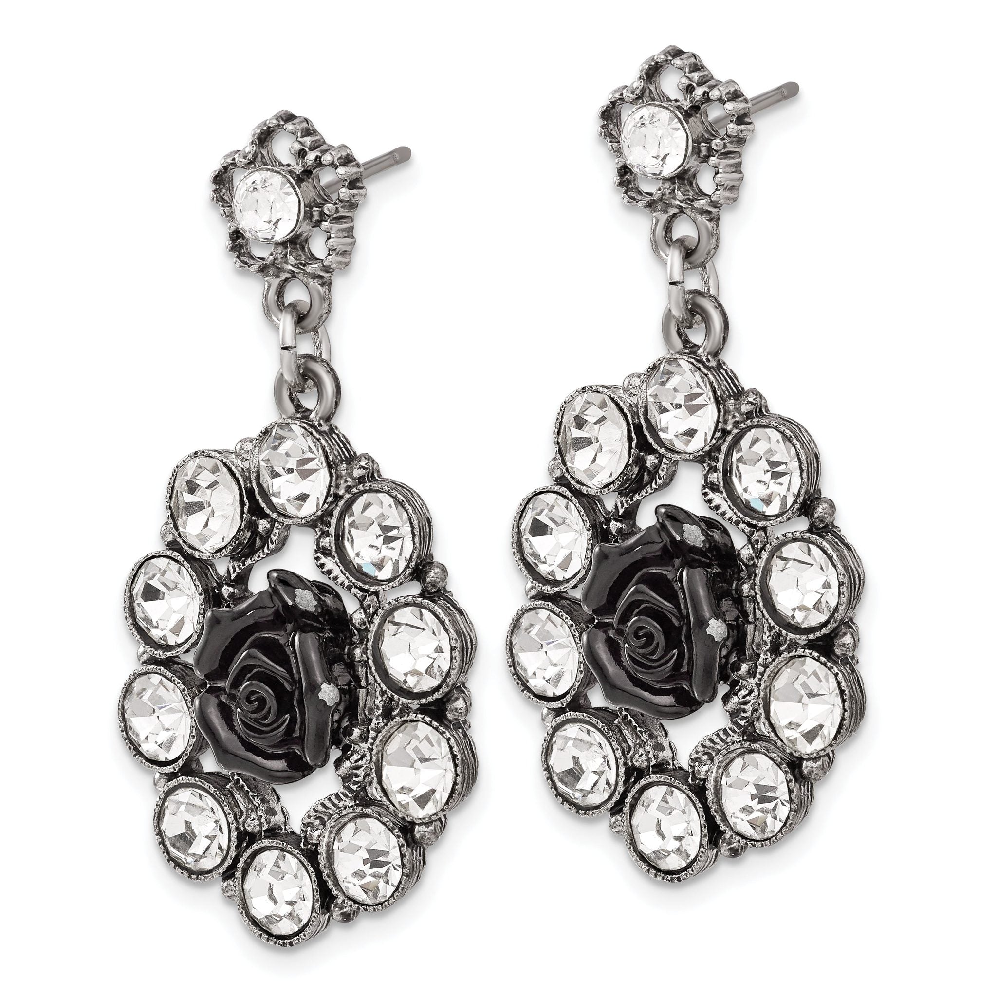 1928 Silver-tone & Antiqued Black Flowers & Crystal Post Dangle Earrings Secondary image