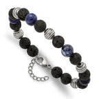 Stainless Steel Antiqued and Polished with Lava Stone and Sodalite Beads Bracelet with Extension