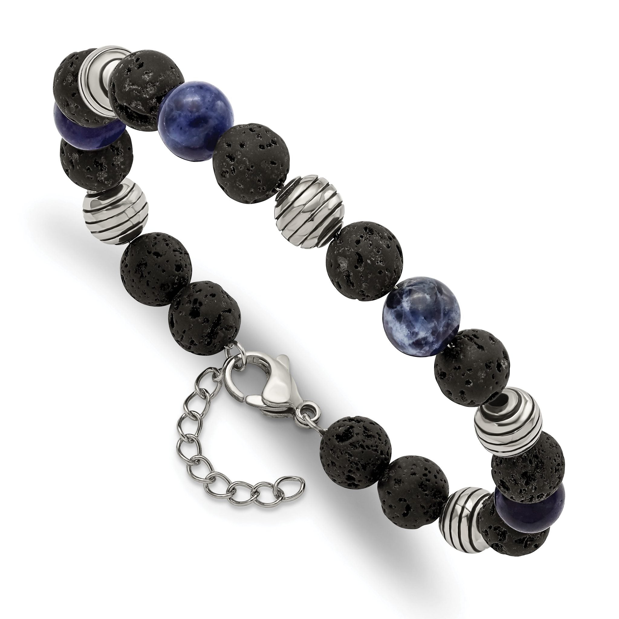Stainless Steel Antiqued and Polished with Lava Stone and Sodalite Beads Bracelet with Extension