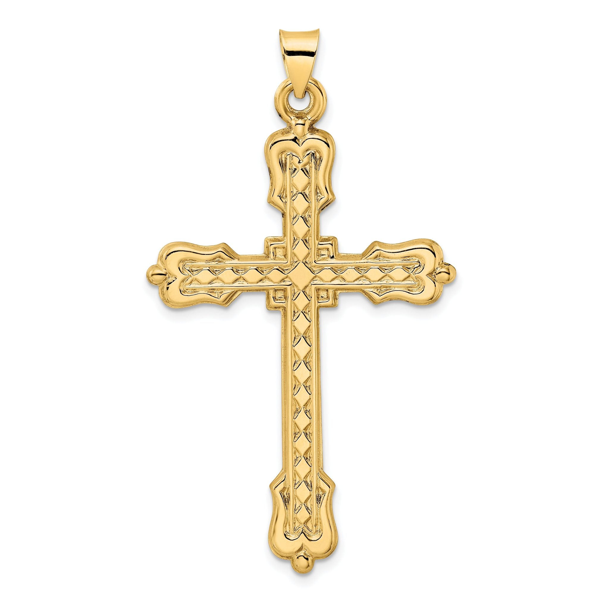 14k Polished Diamond Pattern Hollow Cross Pendant Main image