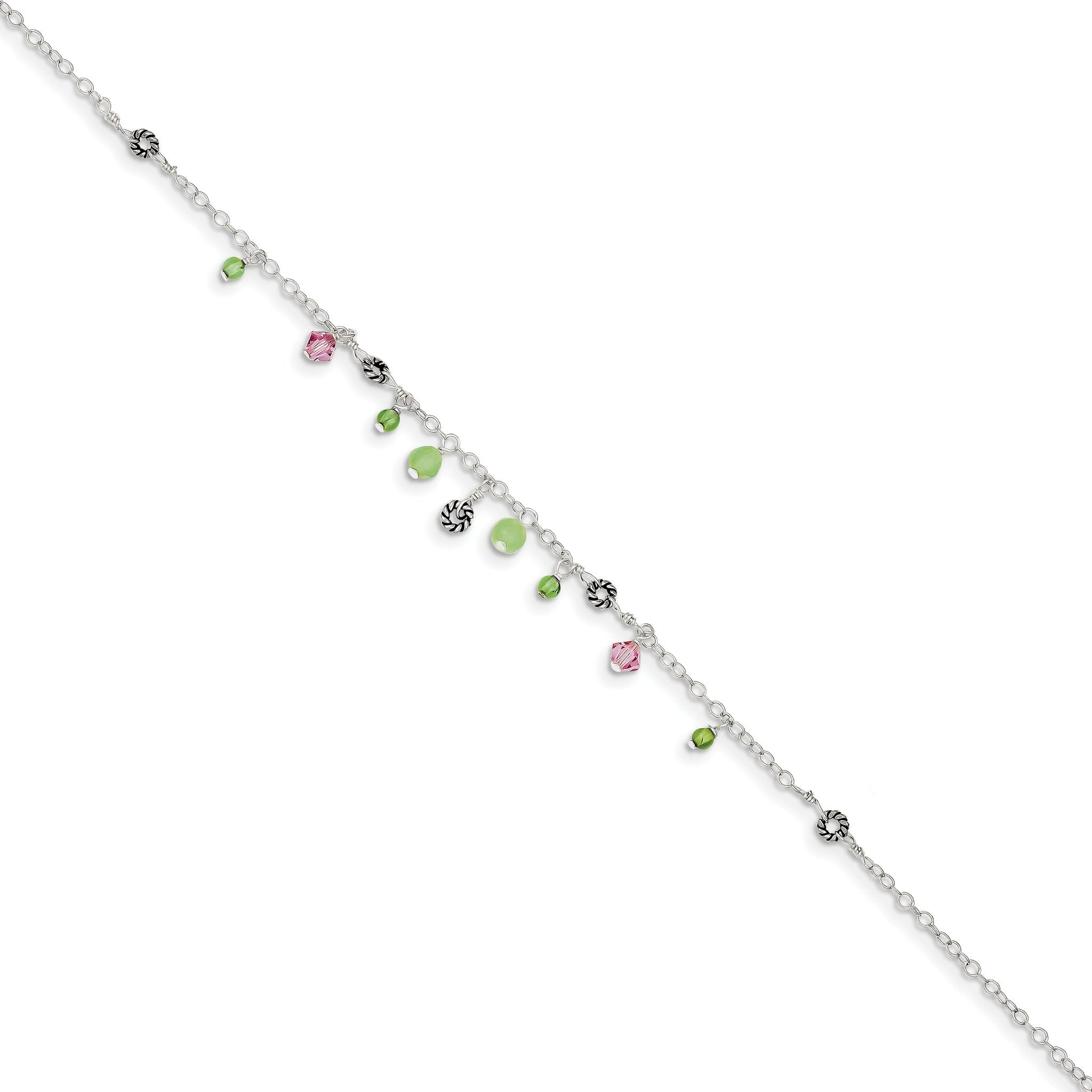 Sterling Silver 9in Pink Crystal Green Quartz Peridot Beads Anklet Secondary image