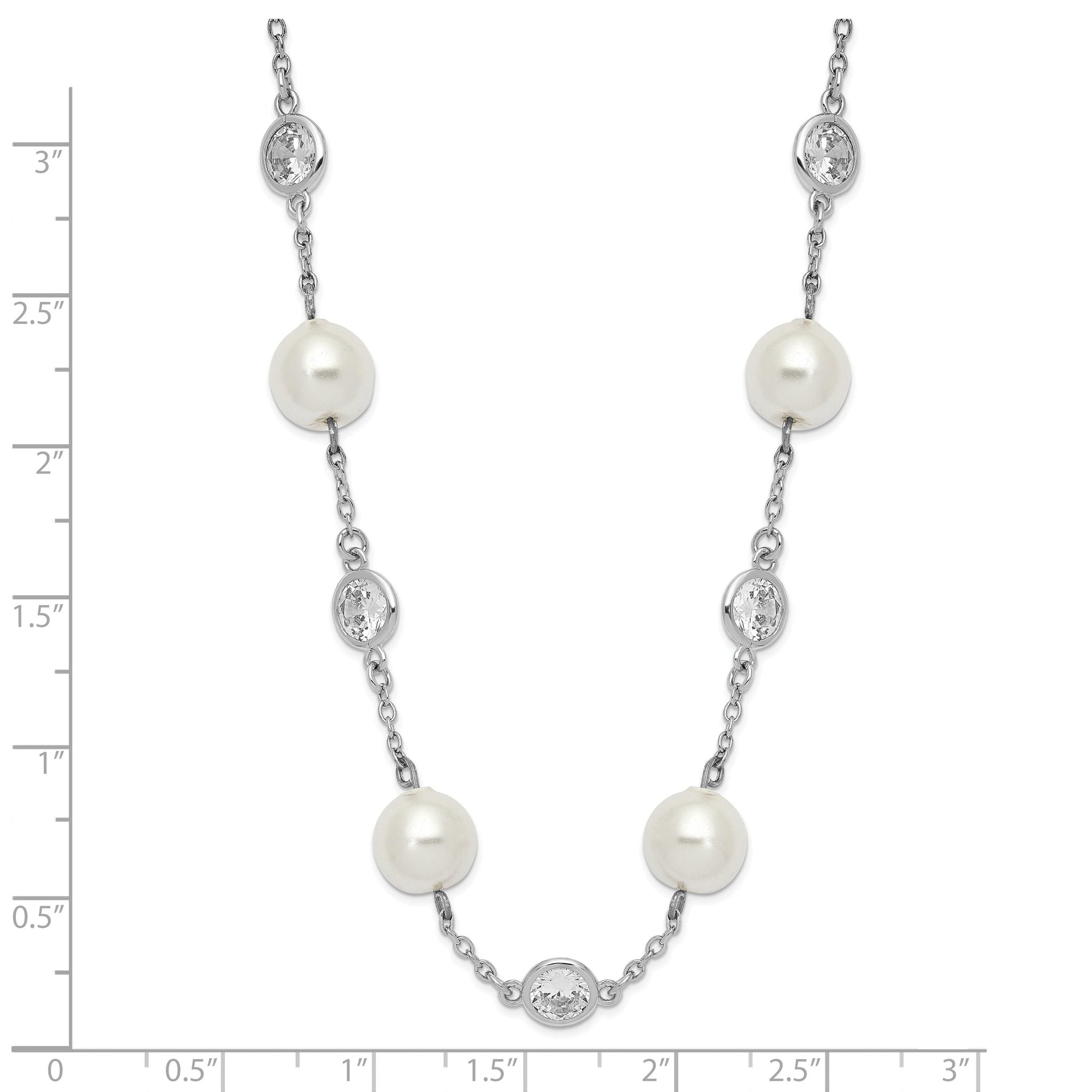 Cheryl 925 Sterling Silver CZ and Pearl Necklace with Polished Rhodium Finish
