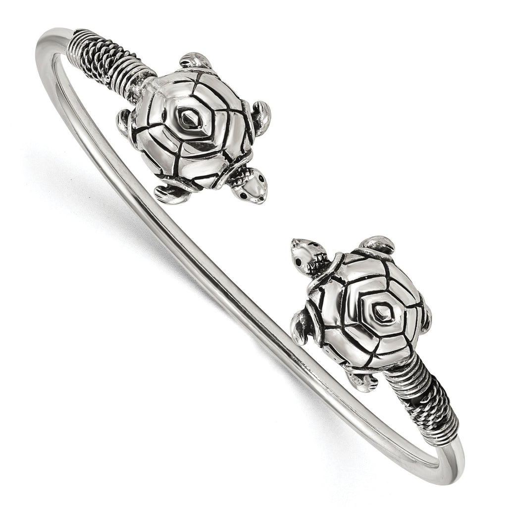 Sterling Silver 925 Turtle Cuff Bangle with Polished Antiqued Finish