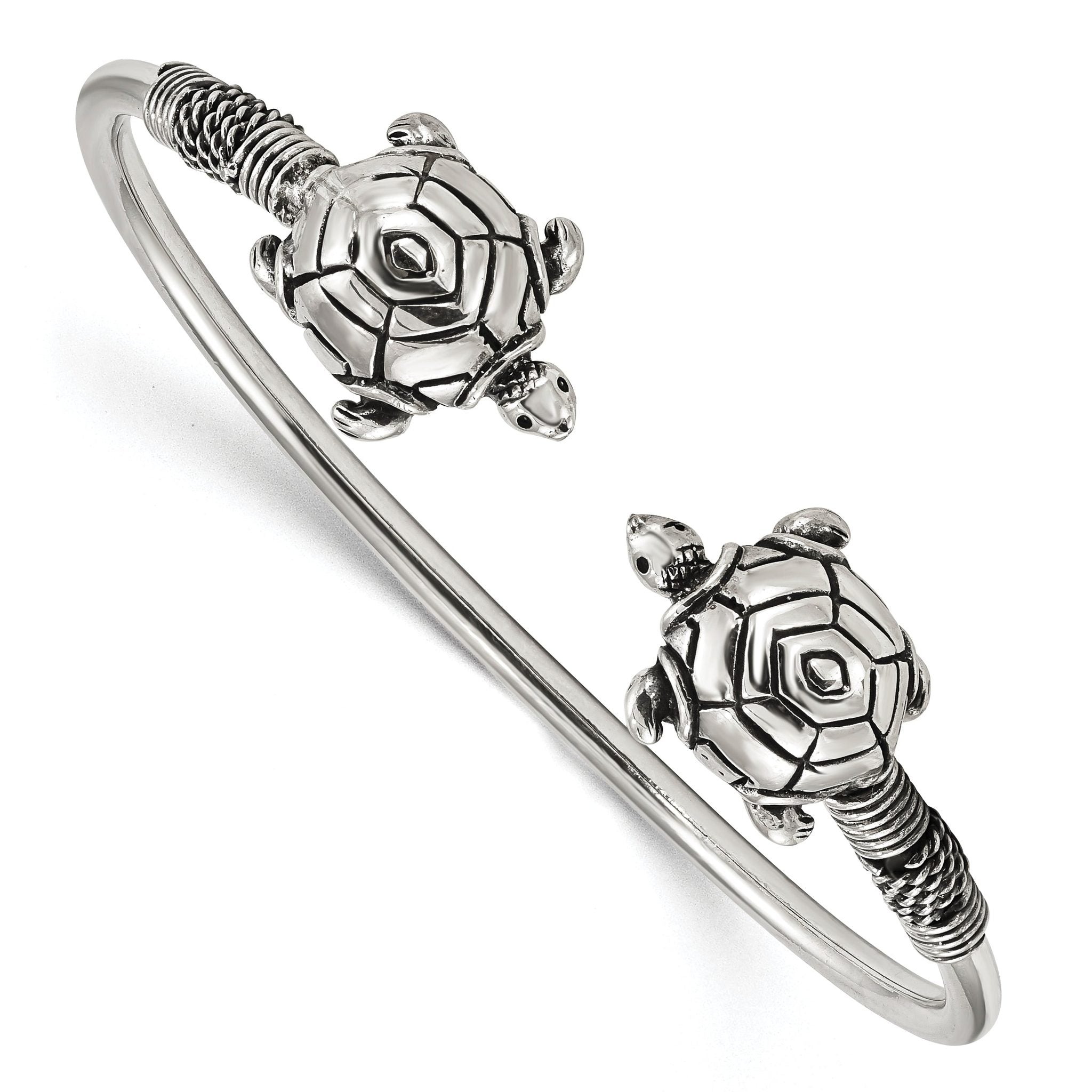 Sterling Silver 925 Turtle Cuff Bangle with Polished Antiqued Finish