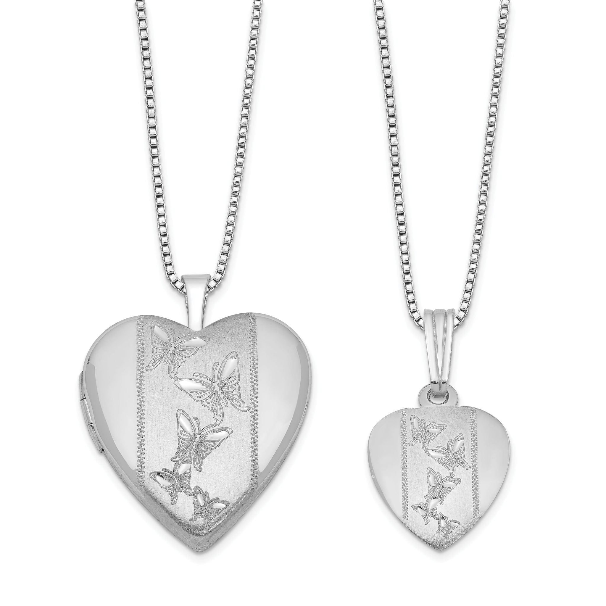 Sterling Silver Rhodium-plated Polished & Satin Butterfly Heart 18in Locket Necklace & 14in Pendant Necklace Set Main image