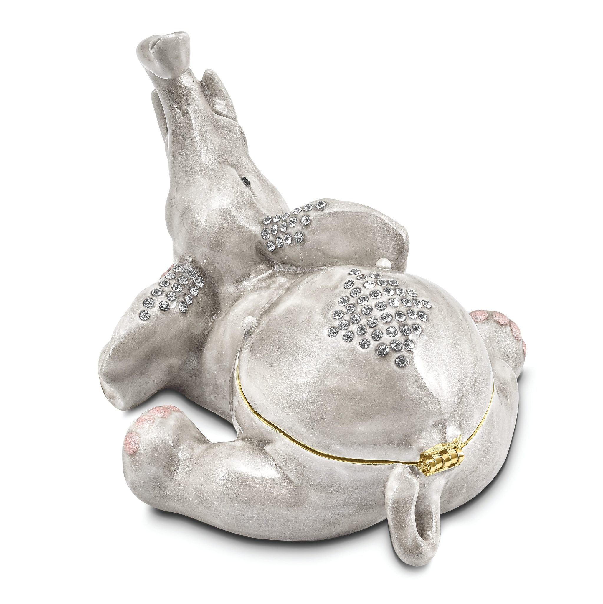 Luxury Giftware by Jere Pewter Bejeweled Crystals Gold-tone Enameled ELLERY Falling Baby Elephant Trinket Box with Matching 18 Inch Necklace