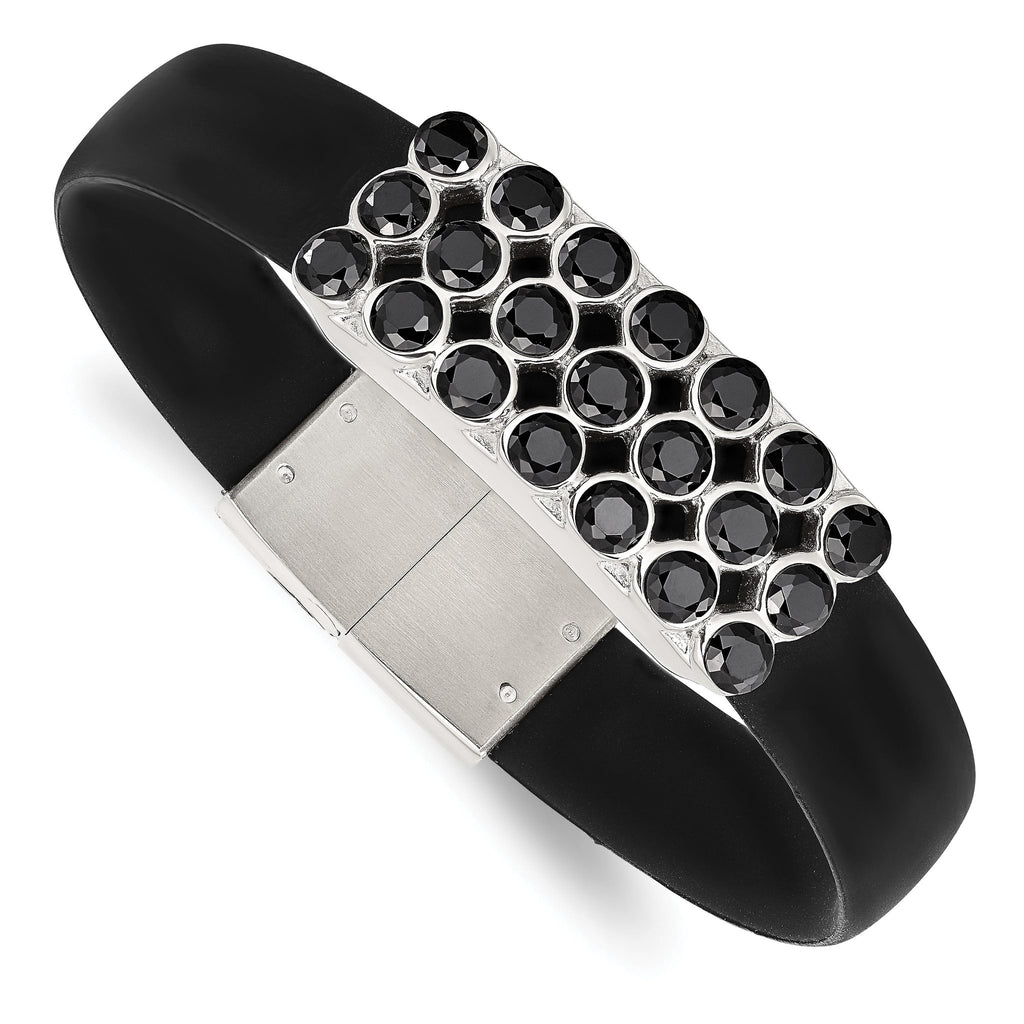 Stainless Steel Polished Black Rubber with Black Cubic Zirconia Bracelet for Women