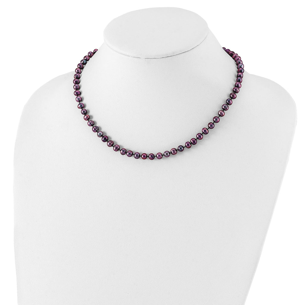 Sterling Silver Rhodium-plated 5-6mm Black Near-Round Freshwater Cultured Pearl 16 inch Necklace