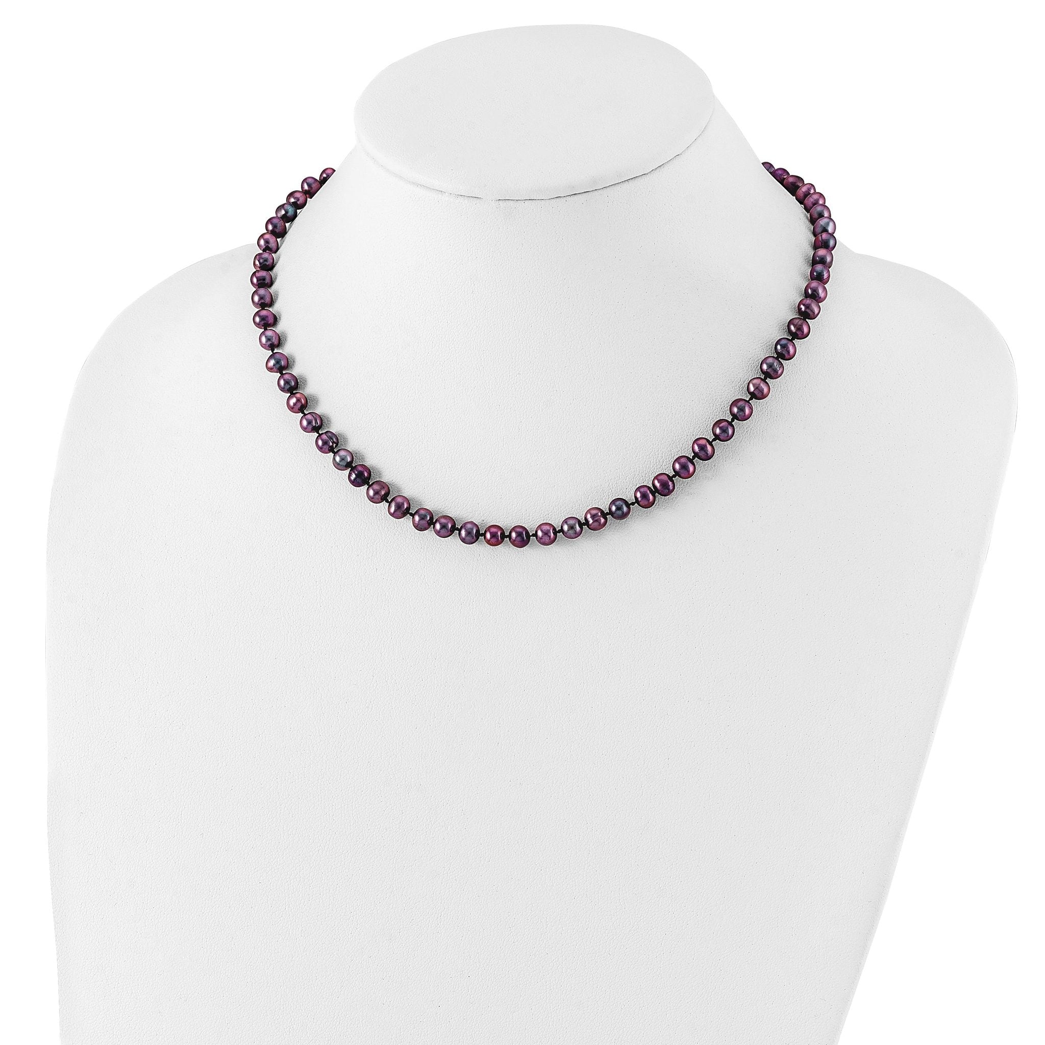 Sterling Silver Rhodium-plated 5-6mm Black Near-Round Freshwater Cultured Pearl 16 inch Necklace