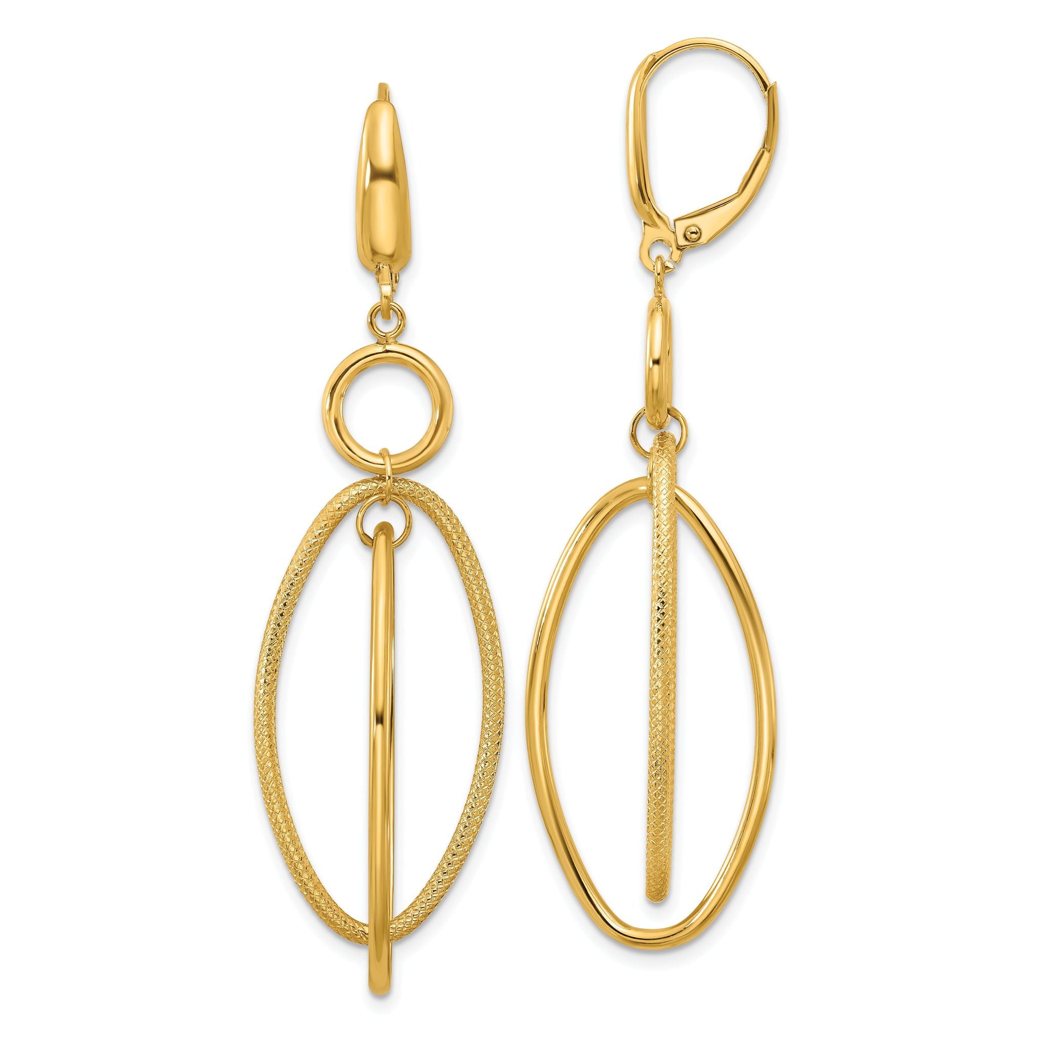 14k Polished and Textured Oval Dangle Leverback Earrings Main image