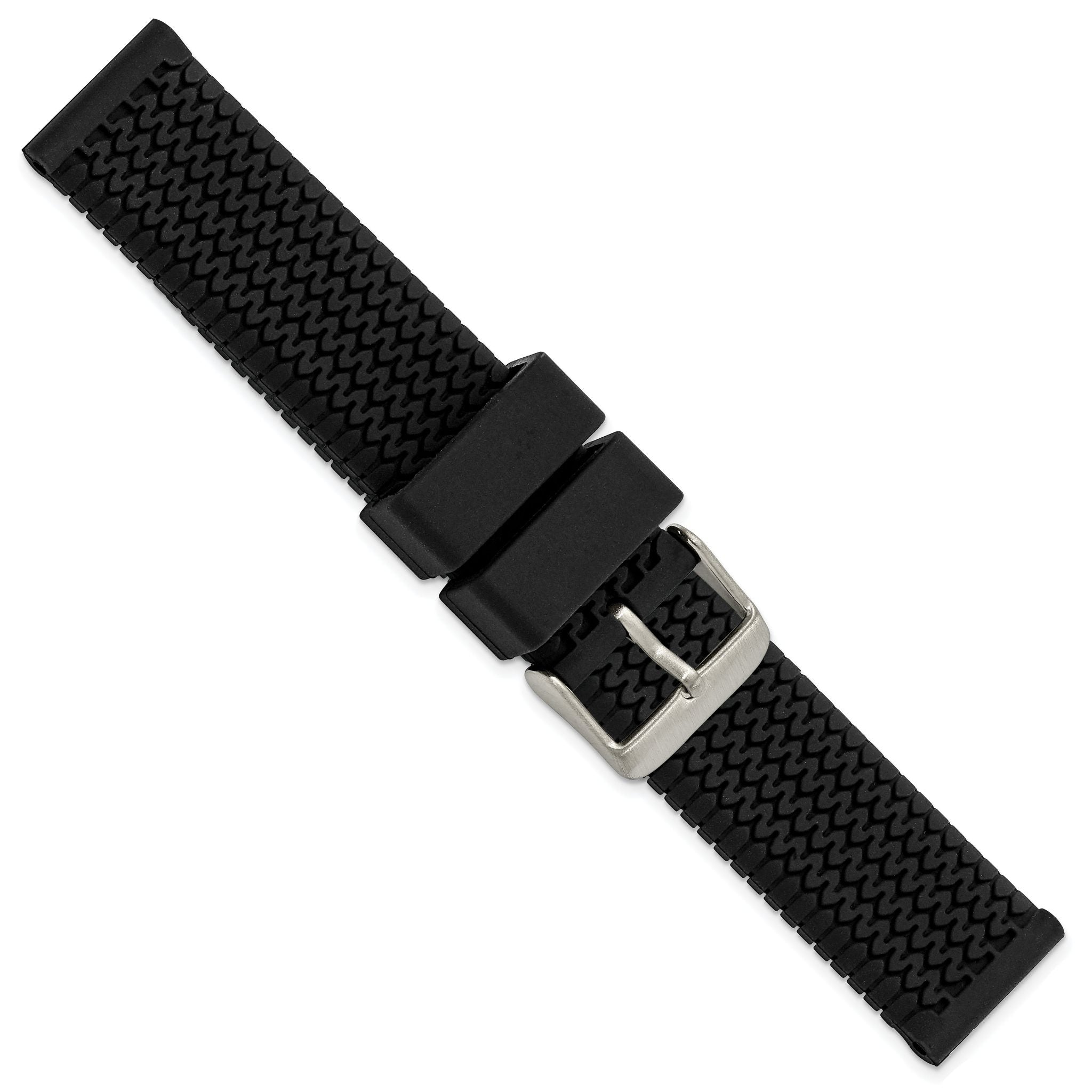Black Tread Silicone Watch Band with Stainless Steel Buckle, 18mm