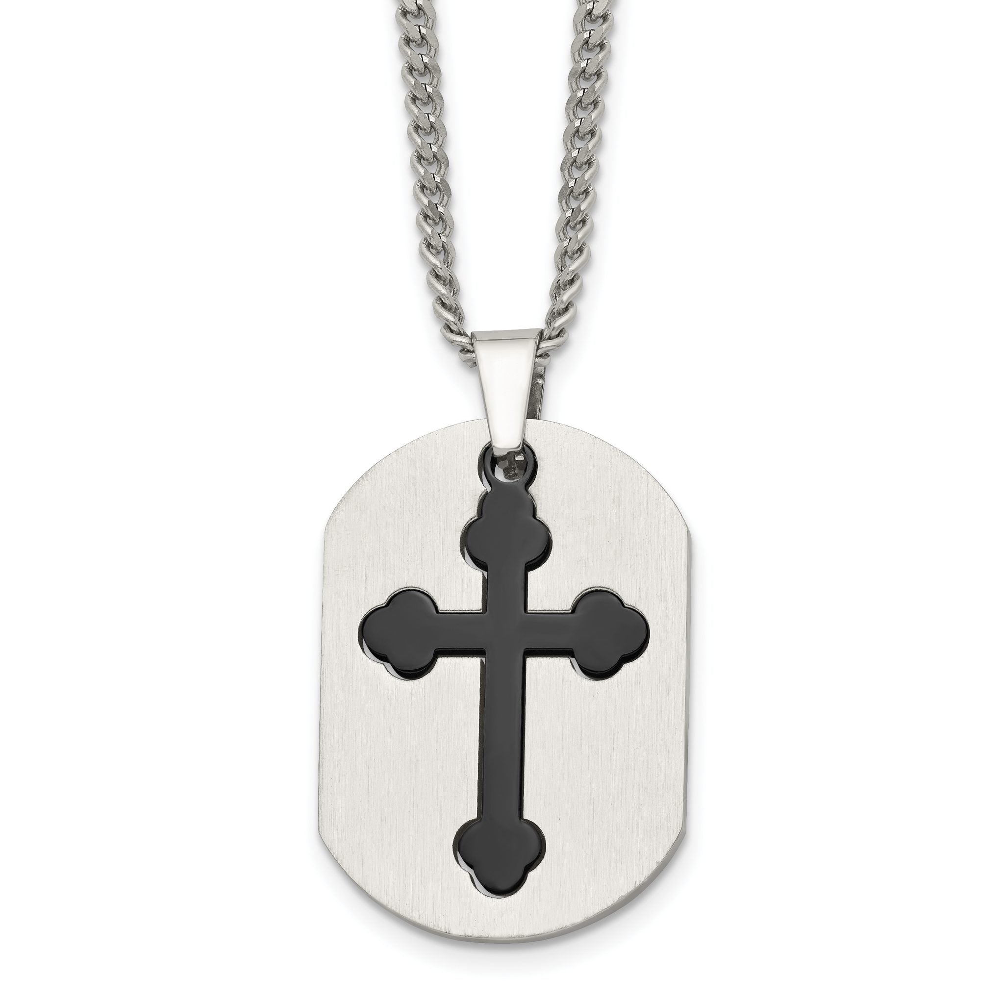 Chisel Stainless Steel Brushed and Polished Black IP-plated 2 Piece Cross and Dog Tag on a 22 inch Curb Chain Necklace Main image
