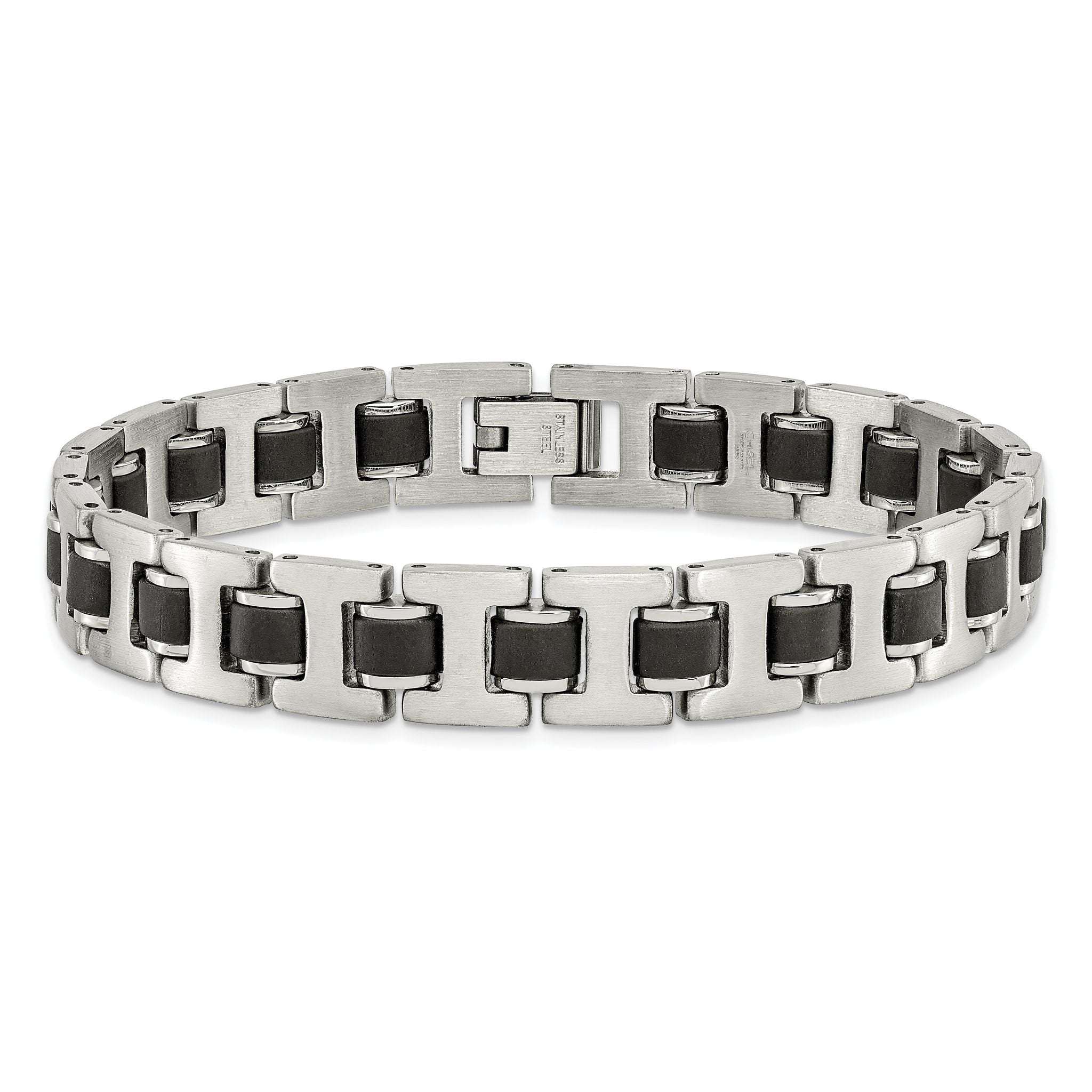 Stainless Steel Brushed with Black Rubber Bracelet for Men