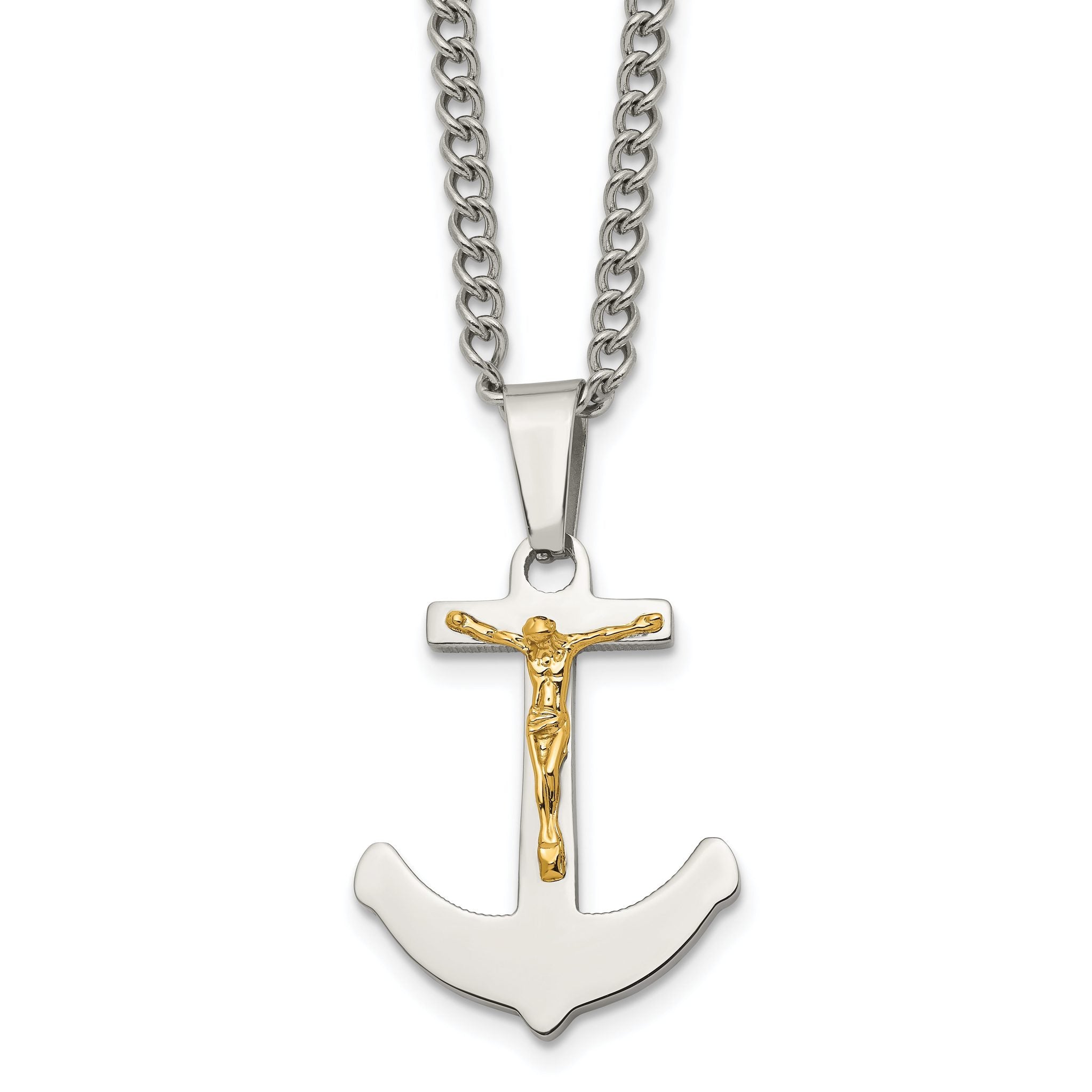 Chisel Stainless Steel Polished with 14k Gold Crucifix Anchor Pendant on a 24 inch Curb Chain Necklace Main image