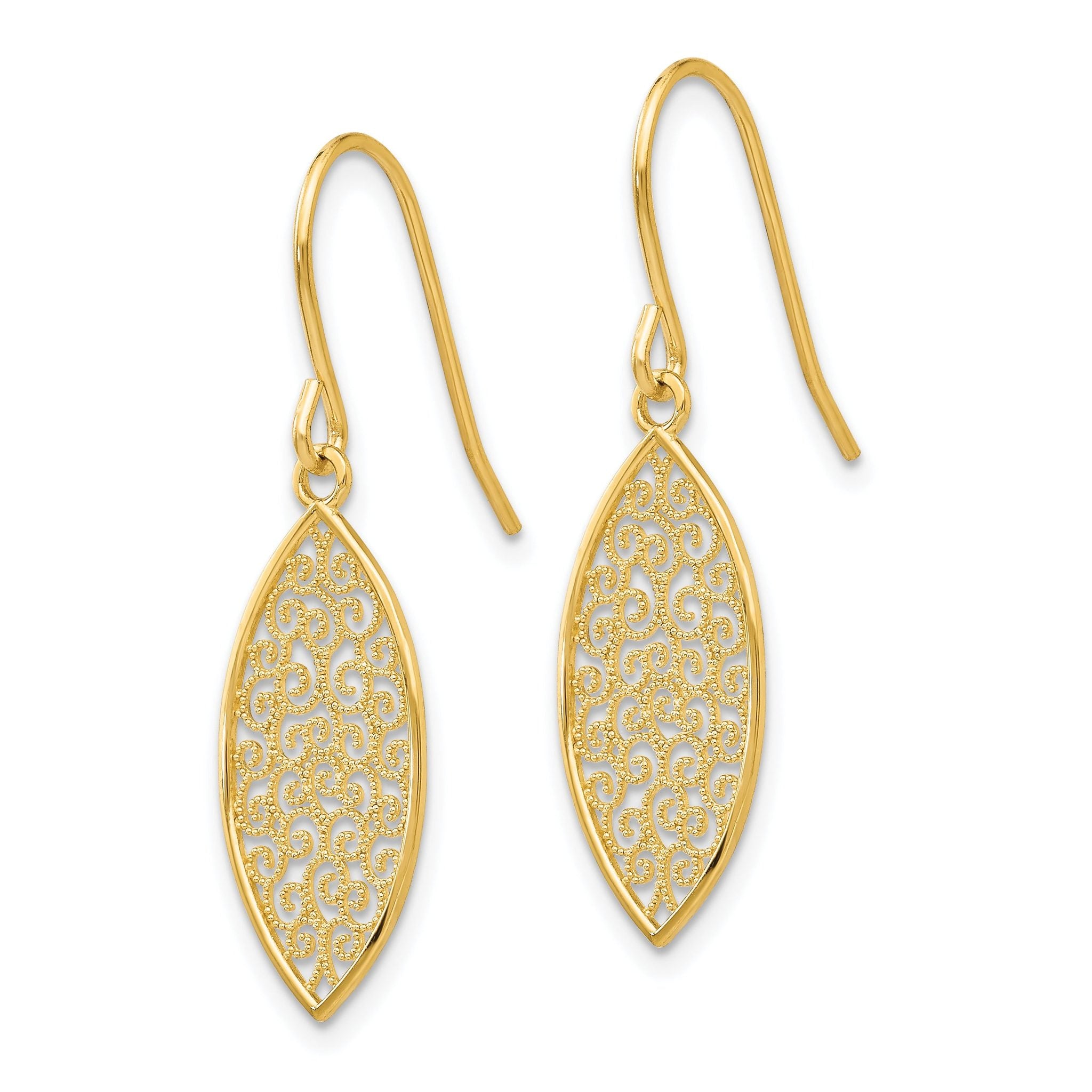 14K Gold Filigree Teardrop Dangle Earrings with Polished Finish