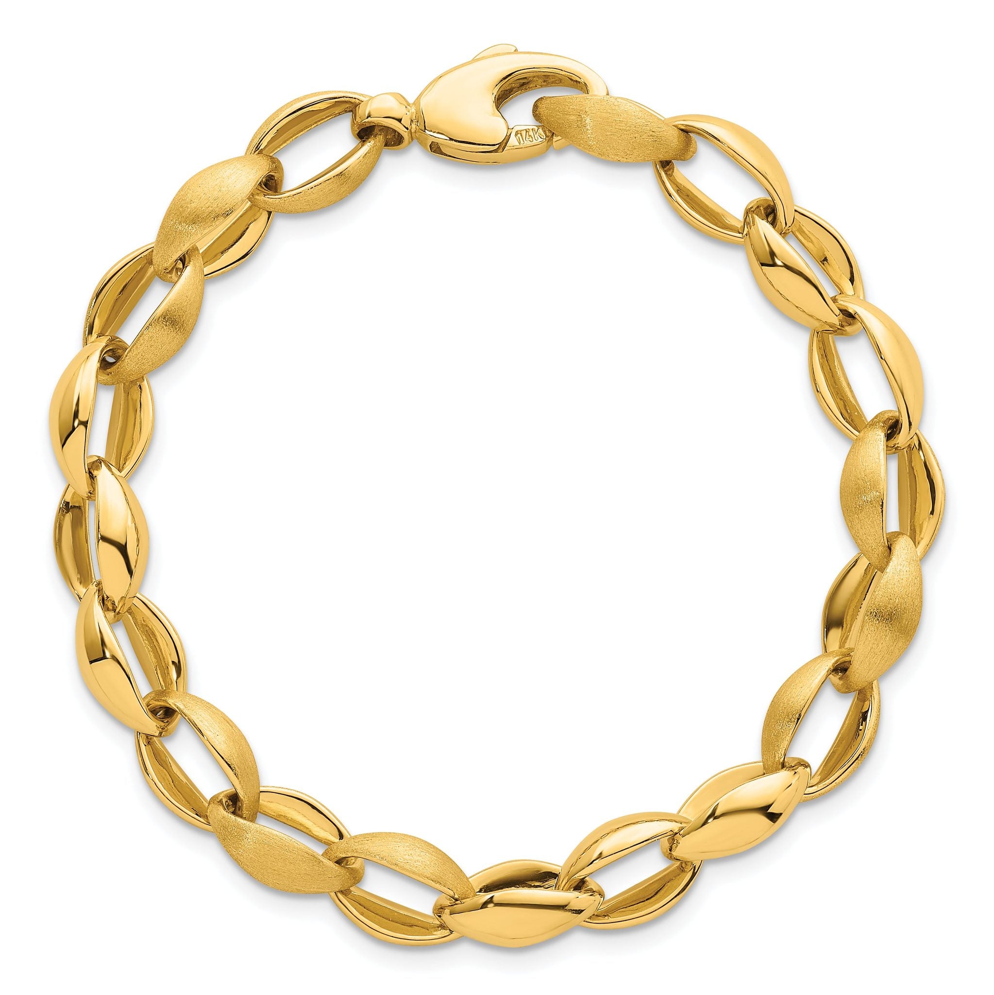 14k Polished And Brushed 8.1mm Fancy Oval Cable Link 7.25 inch Bracelet