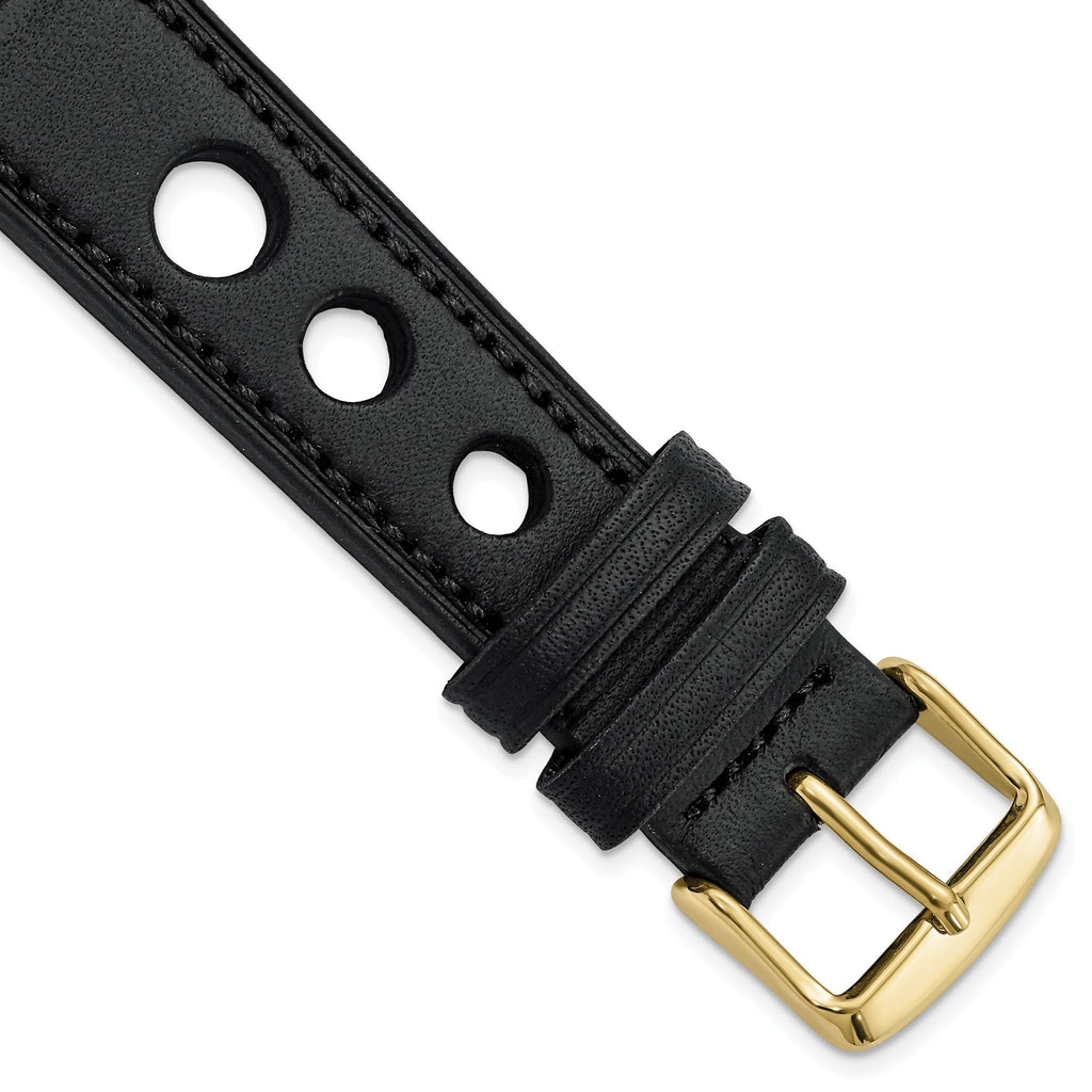 Grand Prix Leather Watch Band in Black with Gold-Tone Buckle, 20mm