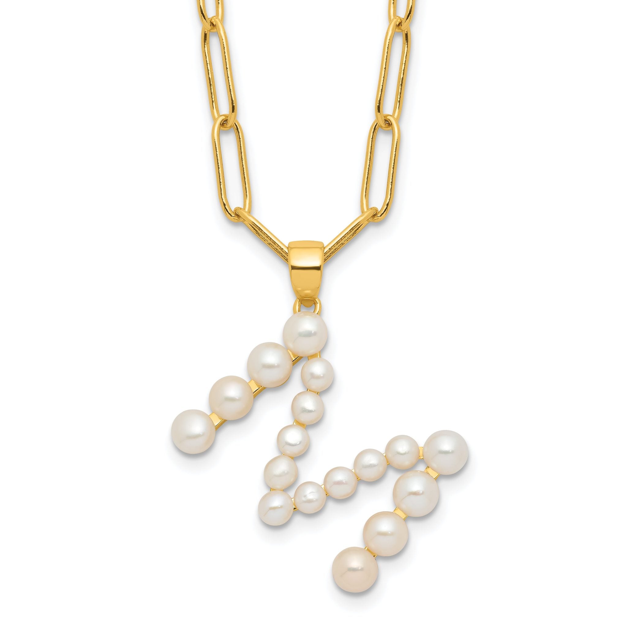 Sterling Silver Gold-plated 3-5.5mm White Button Freshwater Cultured Pearl LETTER M 18 inch Necklace Main image