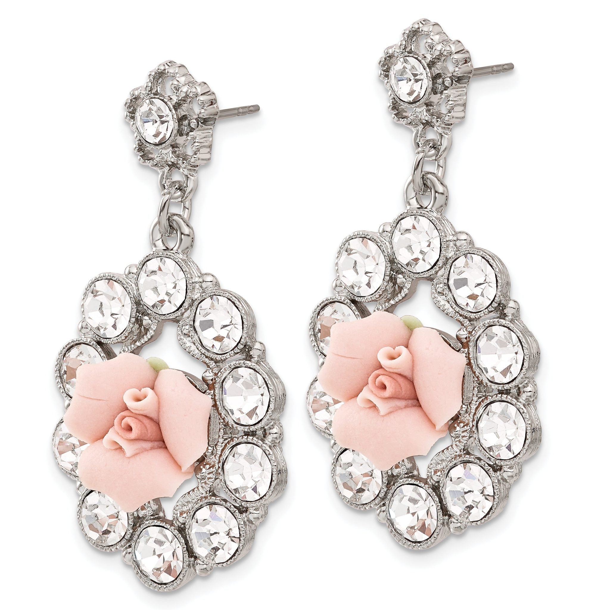 1928 Silver-tone White Crystal Pink Porcelain Flower Post Dangle Earrings Secondary image