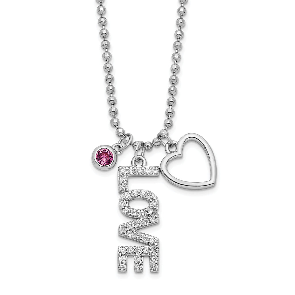 Sterling Silver Rhodium-plated CZ and Heart Diamond Cut Bead Chain Necklace
