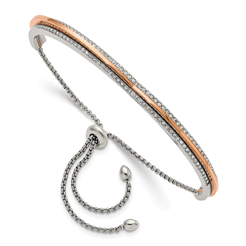 Stainless Steel Polished Rose IP-plated with Crystal Heart Shaped Adjustable Bangle Bracelet for Women