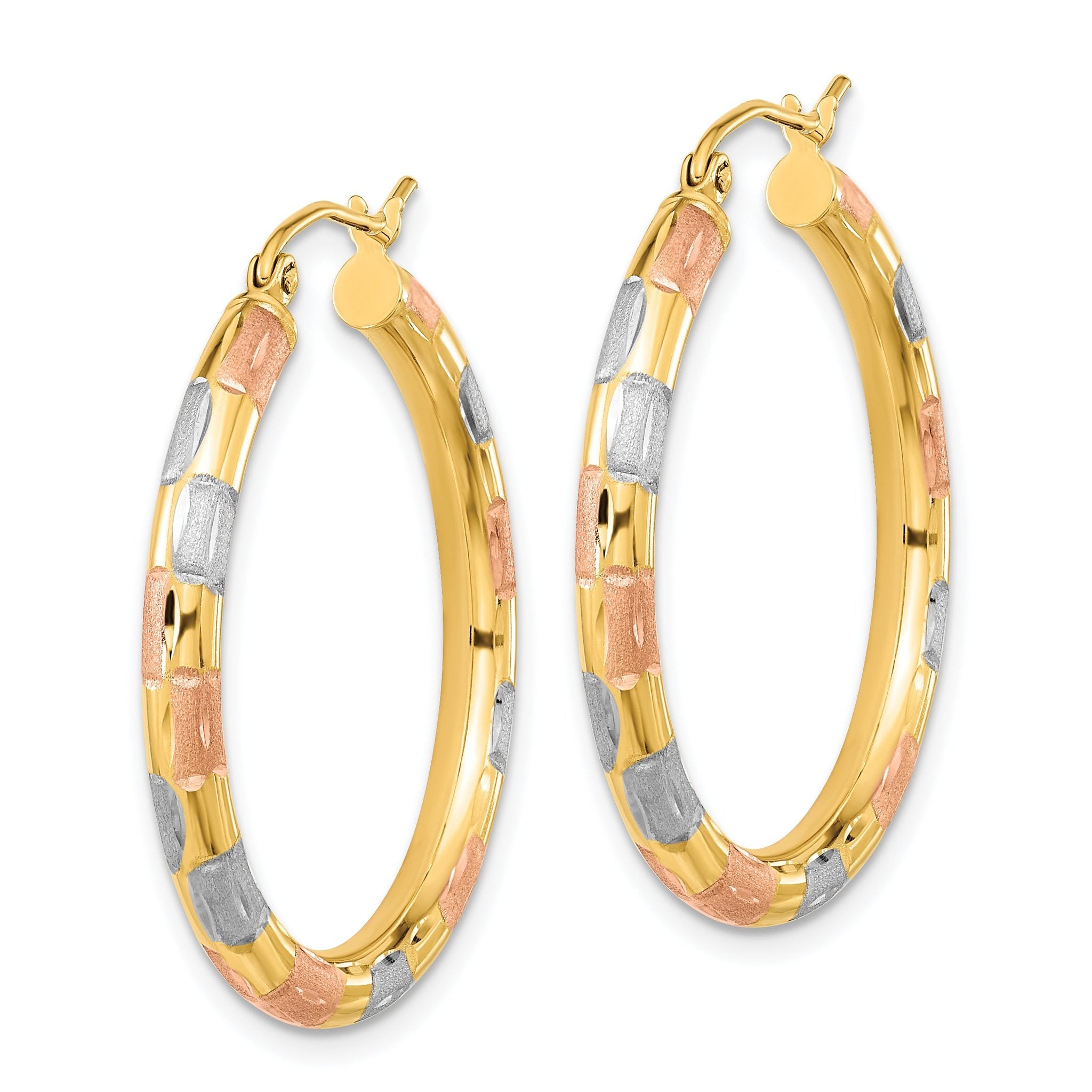 14k w/ White and Rose Rhodium Polished Satin Diamond-cut Hoop Earrings Secondary image