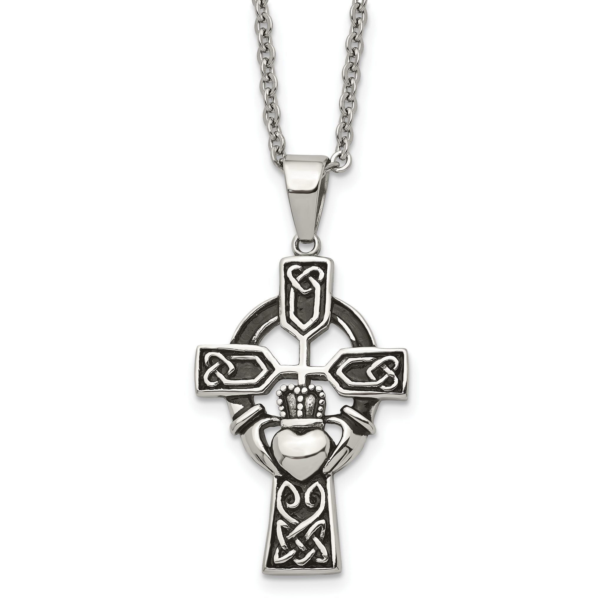 Chisel Stainless Steel Antiqued and Polished Claddagh Cross Pendant on a 20 inch Cable Chain Necklace Main image
