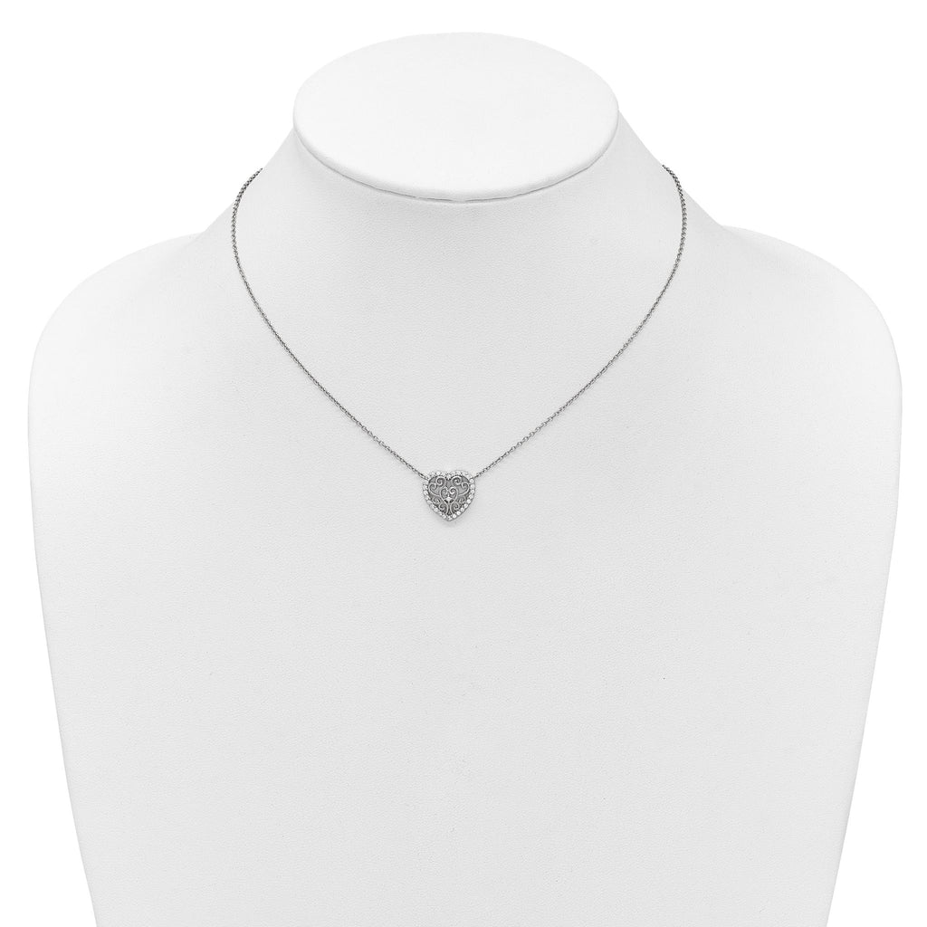 Cheryl M Sterling Silver Rhodium-plated Polished Filigree CZ Heart 16 Inch with 2 Inch Extension Necklace