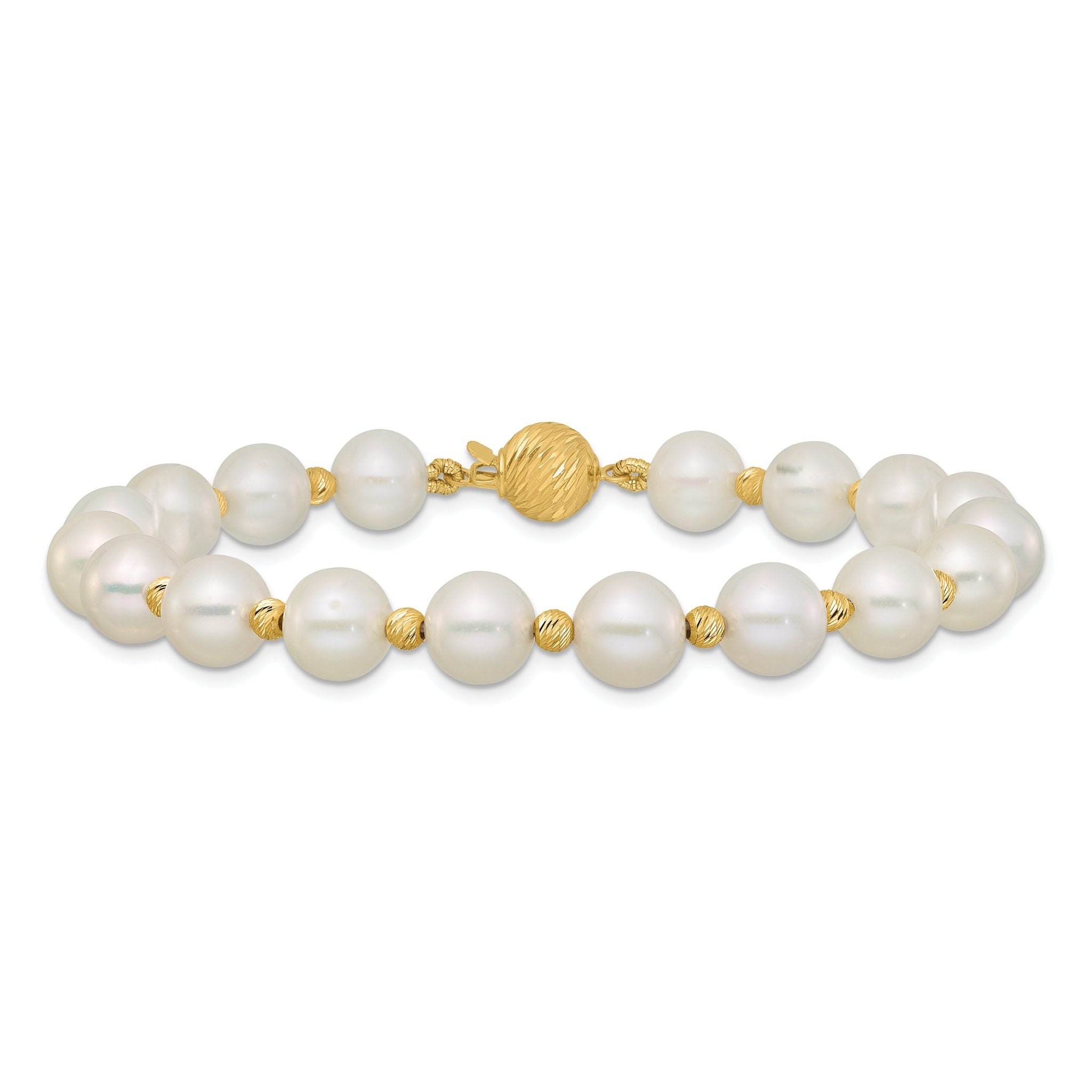 14k 8-9mm White Near-Round Freshwater Cultured Pearl and Diamond-cut Beaded 7.5 inch Bracelet