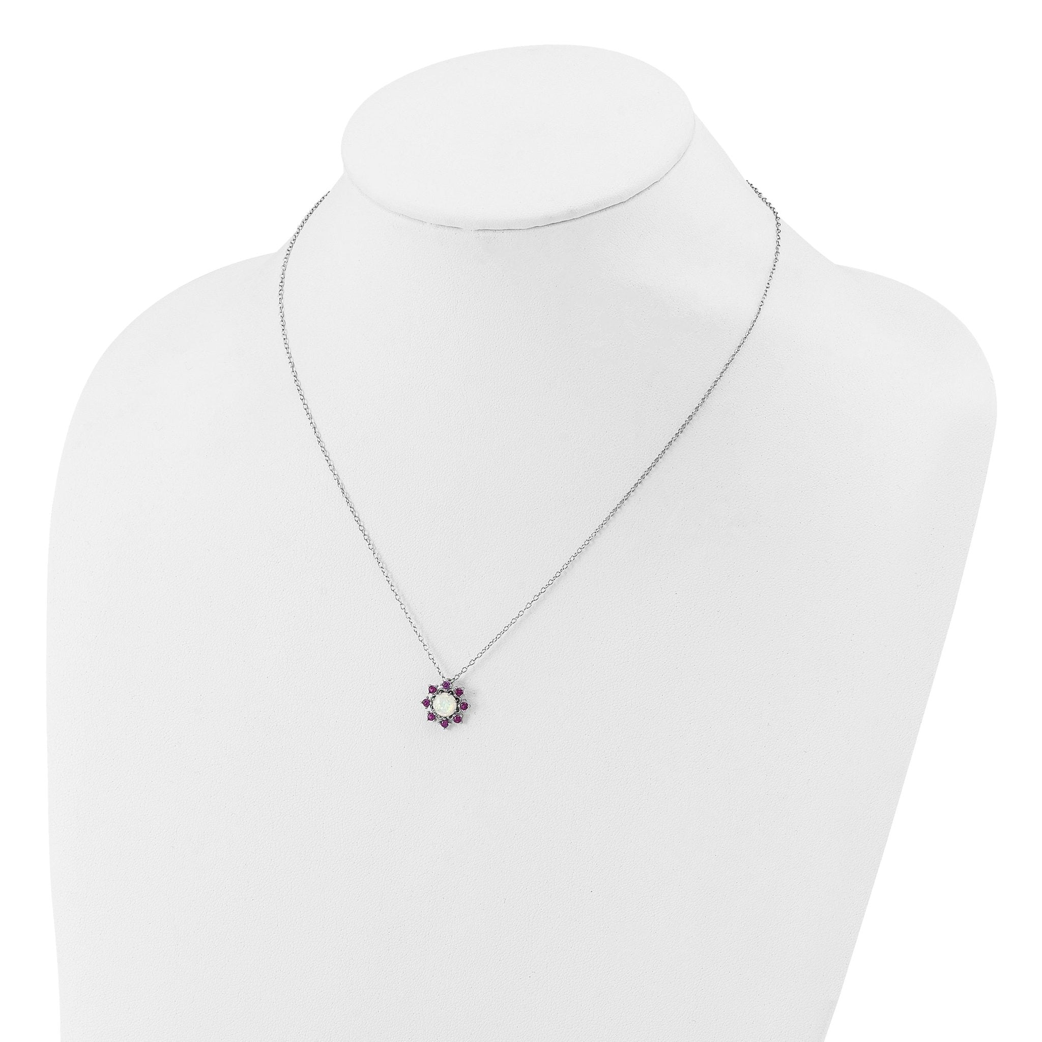 Cheryl M Sterling Silver Rhodium-plated Polished Created Opal and Pink Crystal Flower Necklace