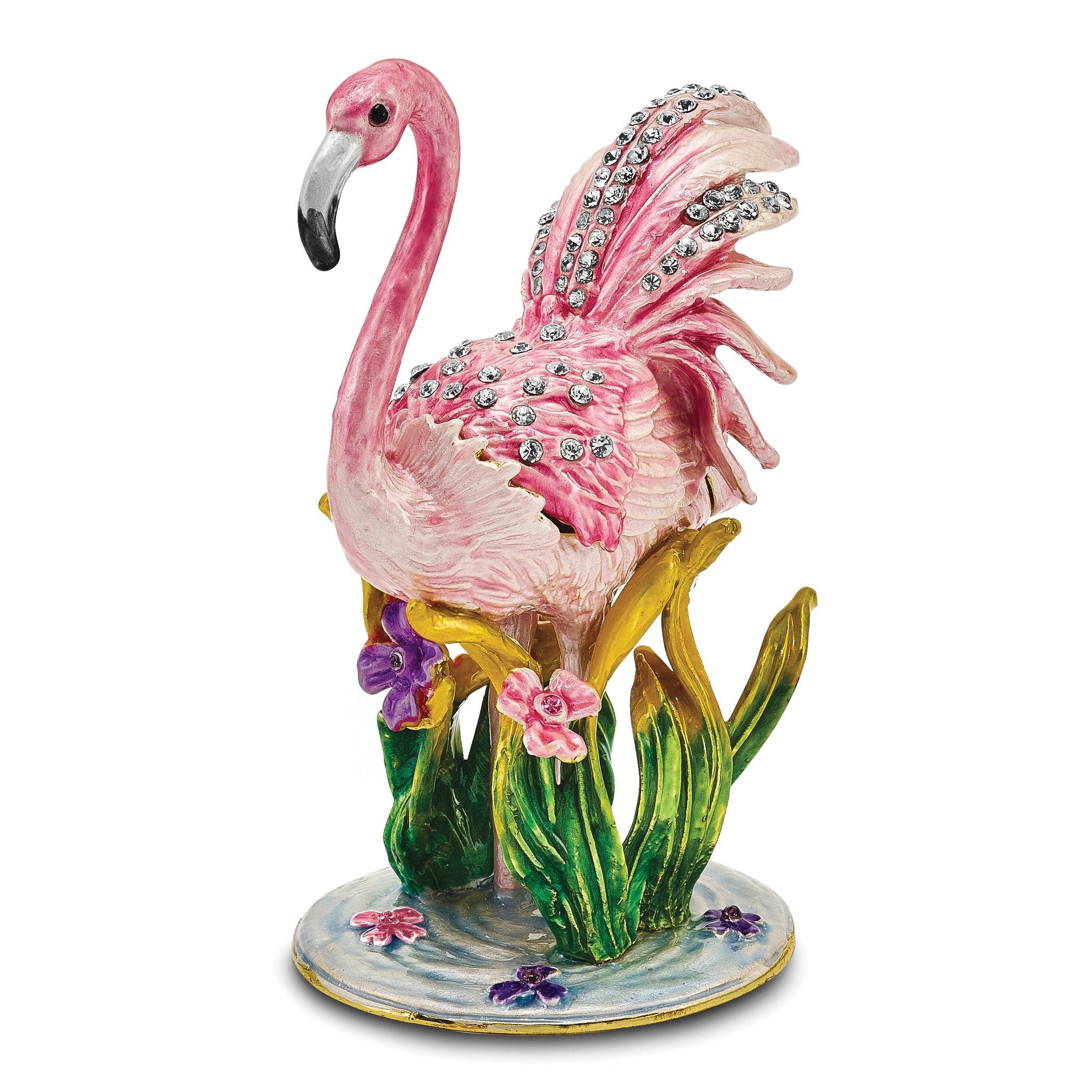 Luxury Giftware by Jere Pewter Bejeweled Crystals Gold-tone Enameled JEZEBEL Pink Flamingo Trinket Box with Matching 18 Inch Necklace Main image