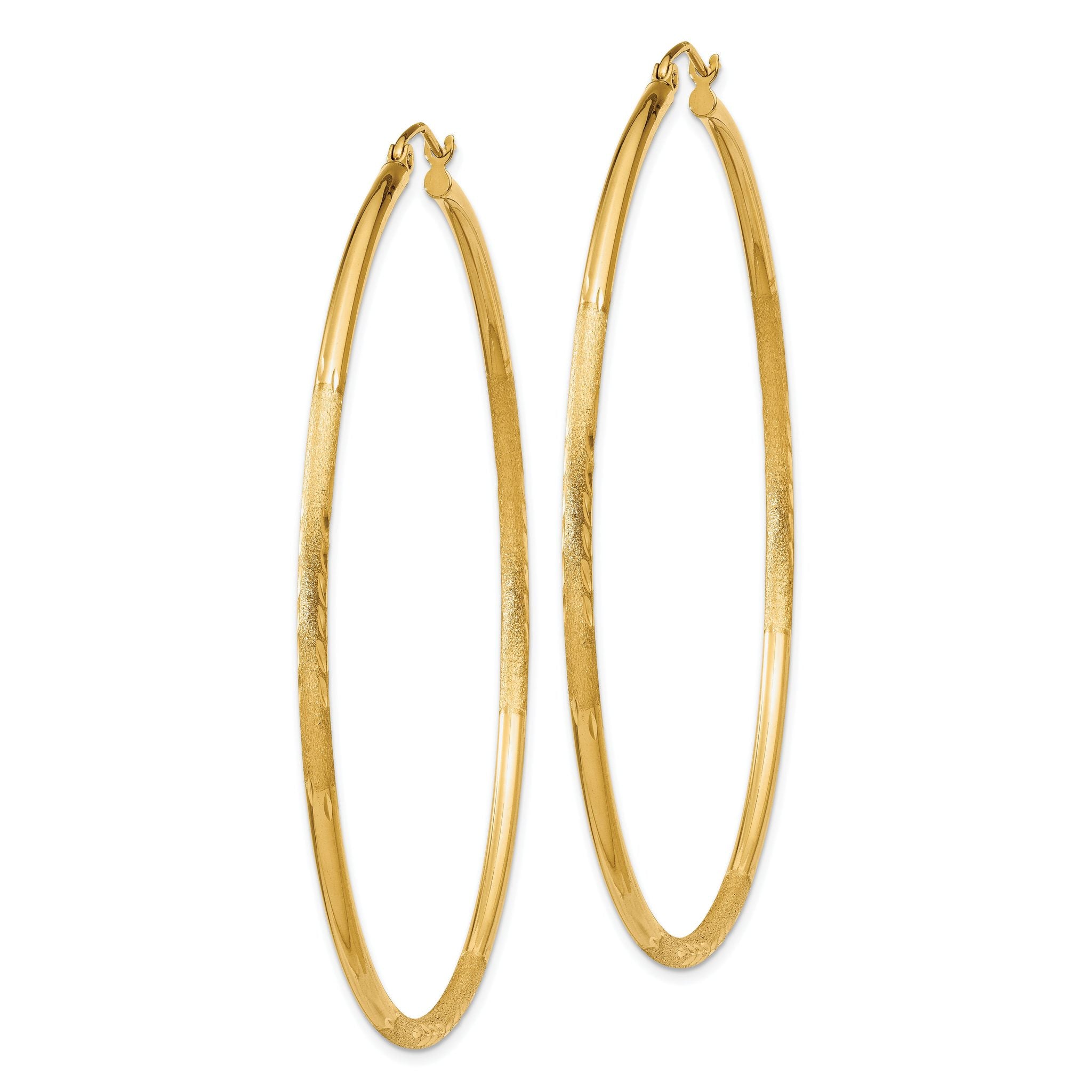 14k Satin and Diamond-cut 2mm Round Tube Hoop Earrings Secondary image