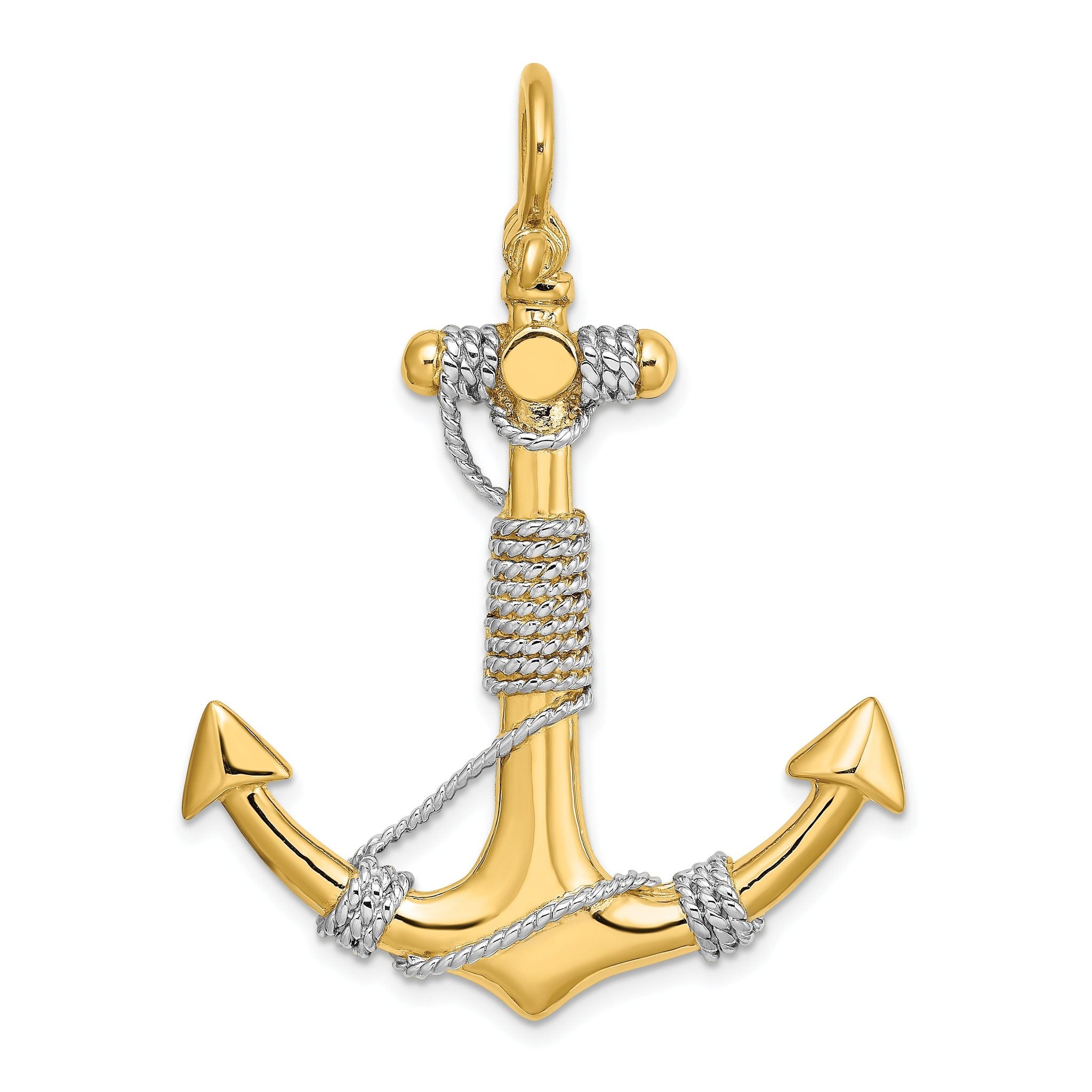 14K 3-D Large Anchor Wrapped Rope Charm Yellow Gold with Rhodium Plating Main image