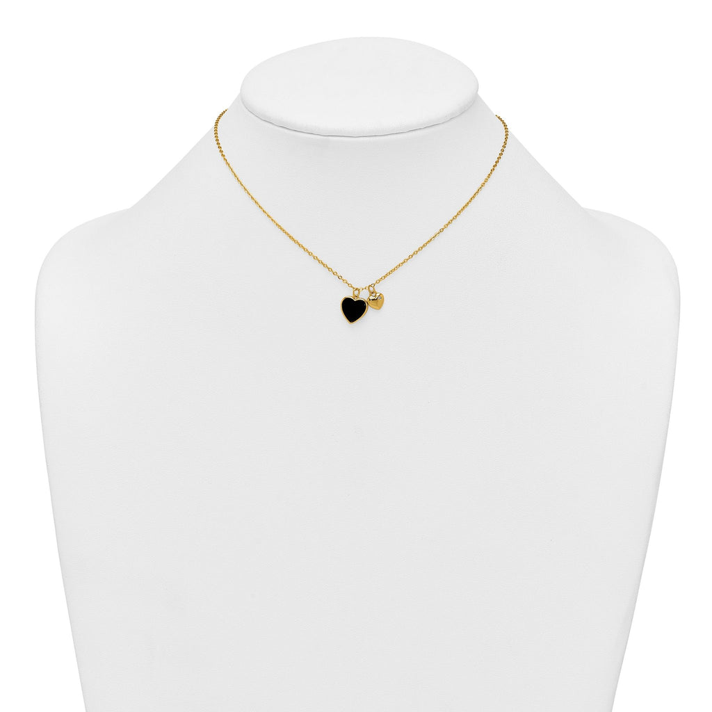 Sterling Silver Gold-tone Polished Onyx and CZ Hearts 14 Inch with 3 Inch Extension Children's Necklace
