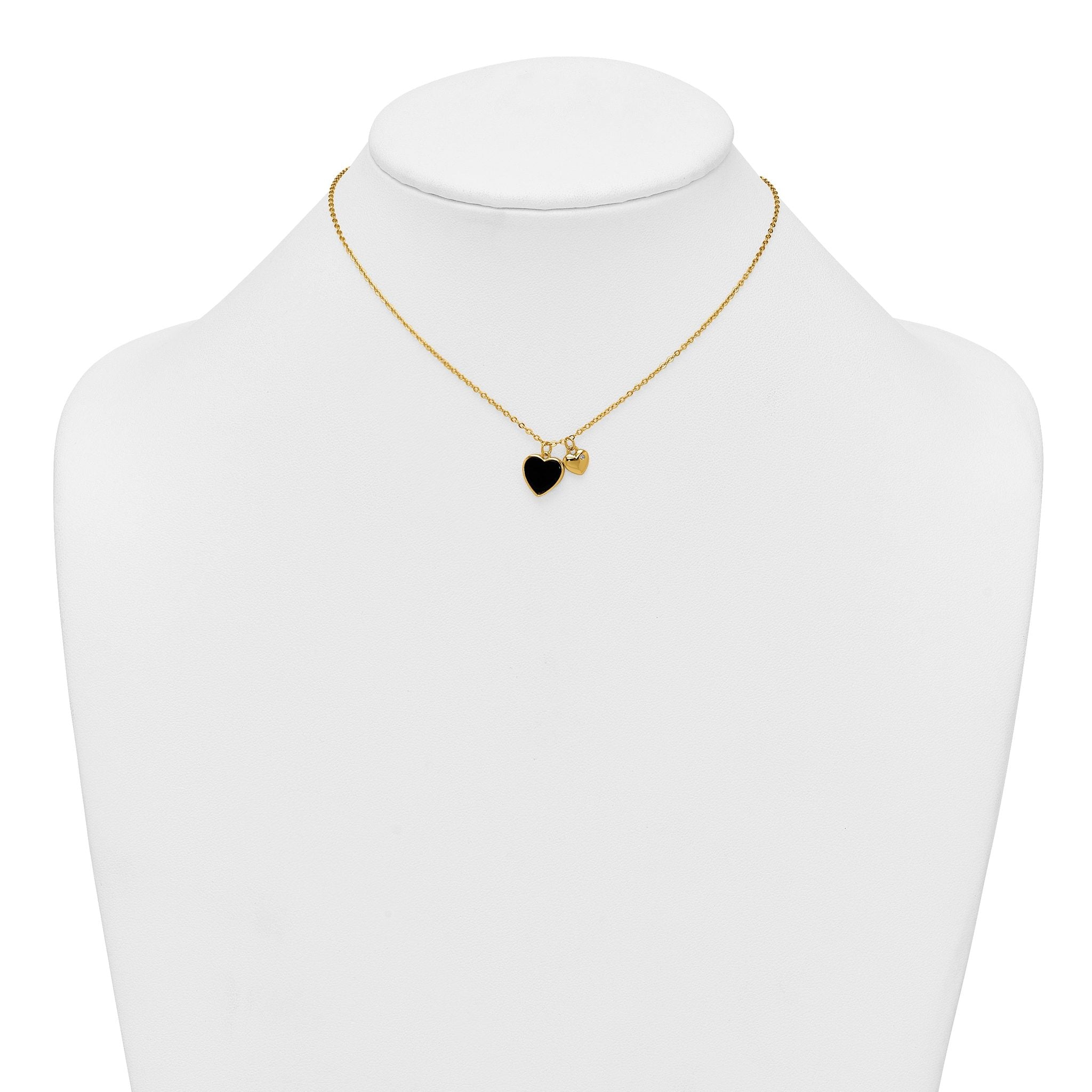 Sterling Silver Gold-tone Polished Onyx and CZ Hearts 14 Inch with 3 Inch Extension Children's Necklace