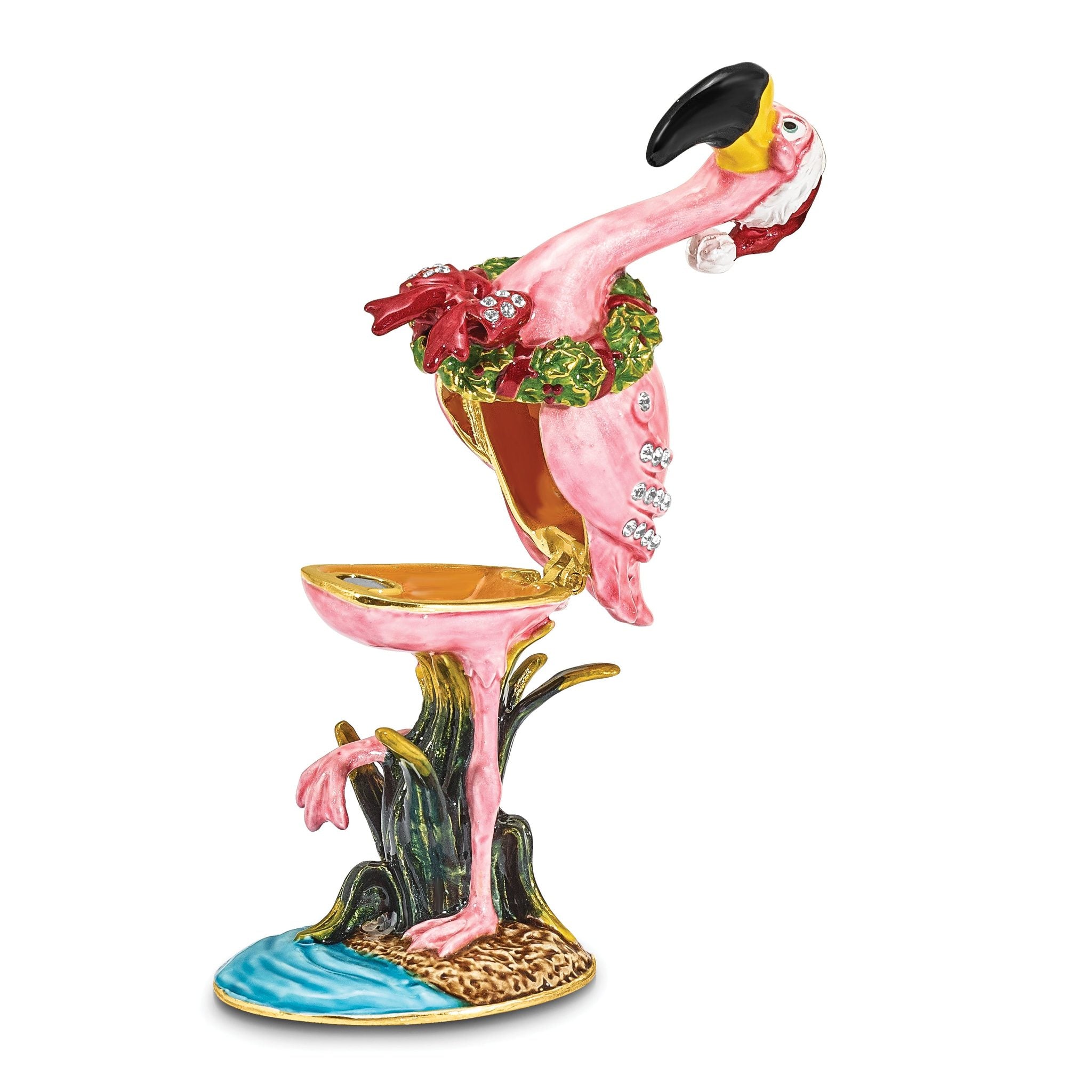 Luxury Giftware by Jere Pewter Bejeweled Crystals Gold-tone Enameled LEFTY Holiday Flamingo Trinket Box with Matching 18 Inch Necklace Secondary image