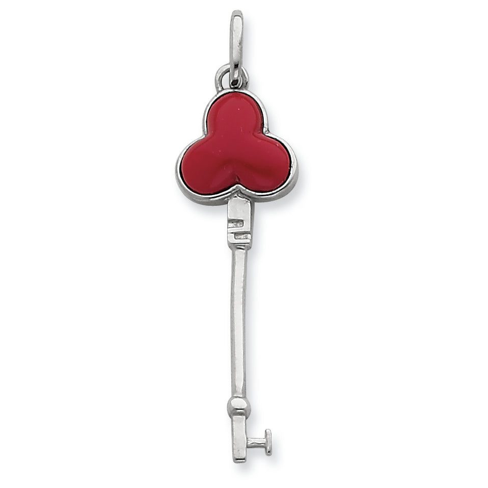 Reconstructed Red Stone Clover Key Pendant in Sterling Silver, 42mm - Sophia Jewelers